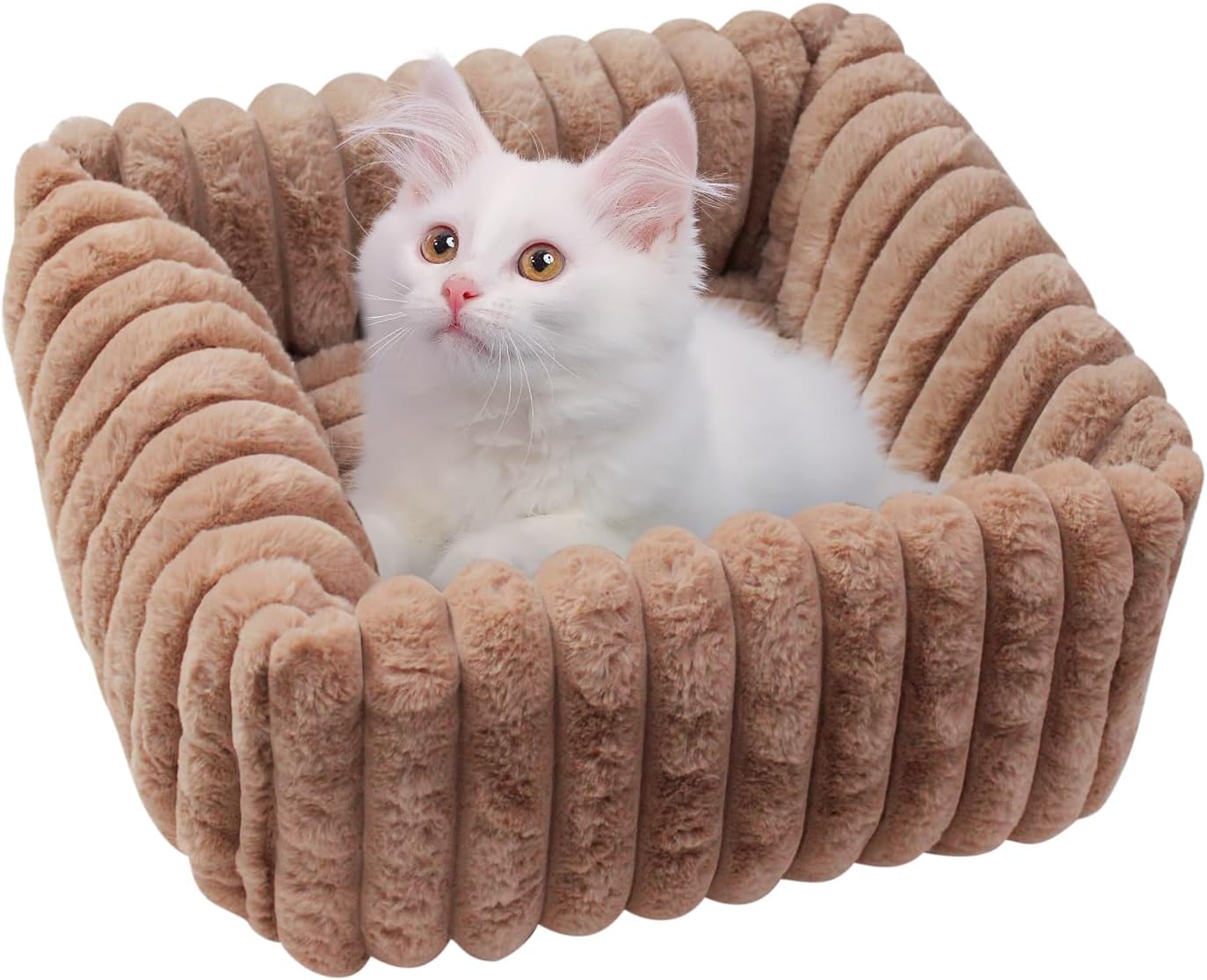Cat Beds for Indoor, Cat 20 Inch Rabbit Hair Surface Dog Bed for Small Dogs, Washable-Square Pet Bed for Puppy and Kitten with Slip-Resistant Bottom-Brown