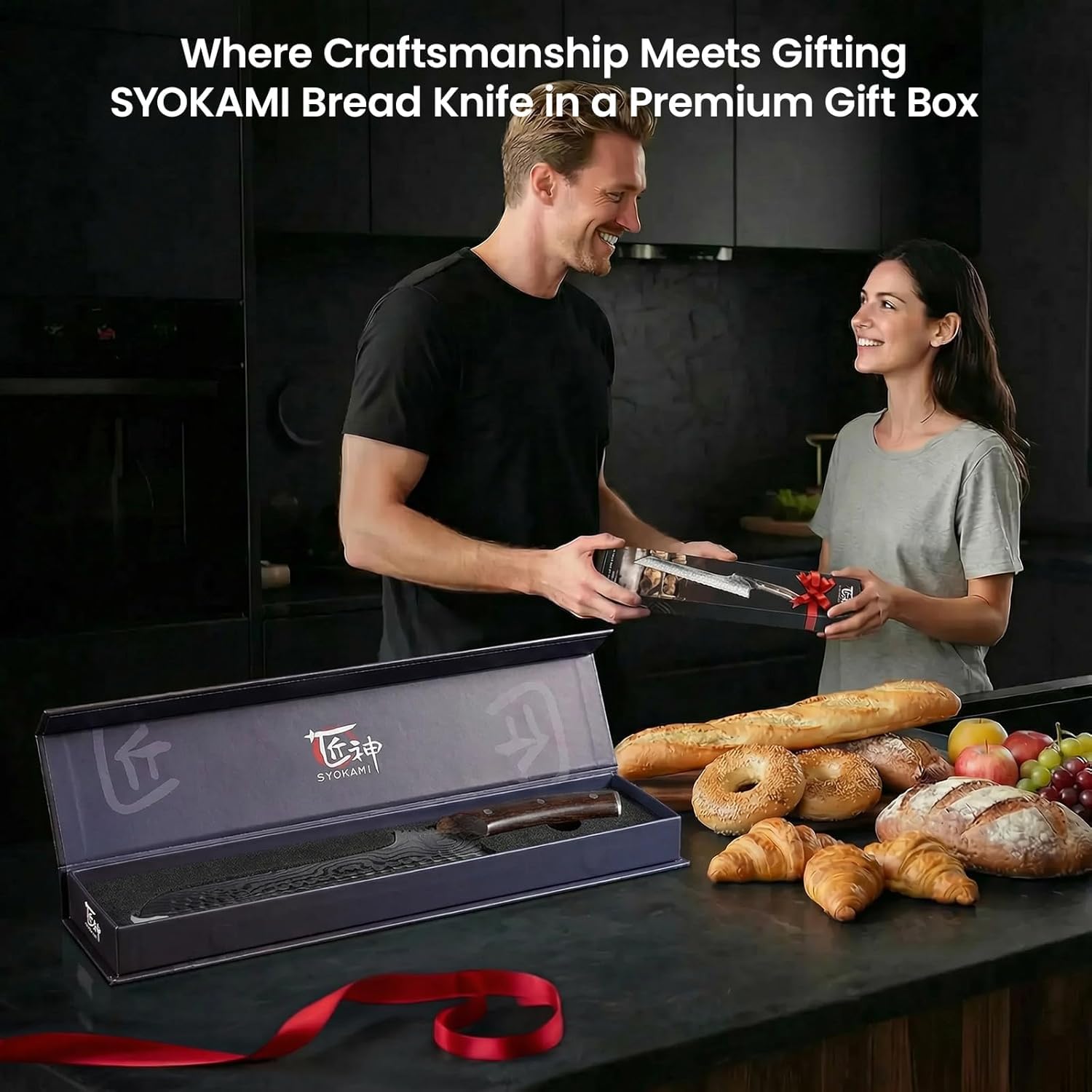 SYOKAMI Offset Brotmesser für selbstgebackenes Brot, 26,7cm Nachschärfbares Brotmesser Wellenschliff, Ultrascharf zum Schneiden von Sauerteig, Ideal zum Schneiden von Kuchen, Obst und Fleisch