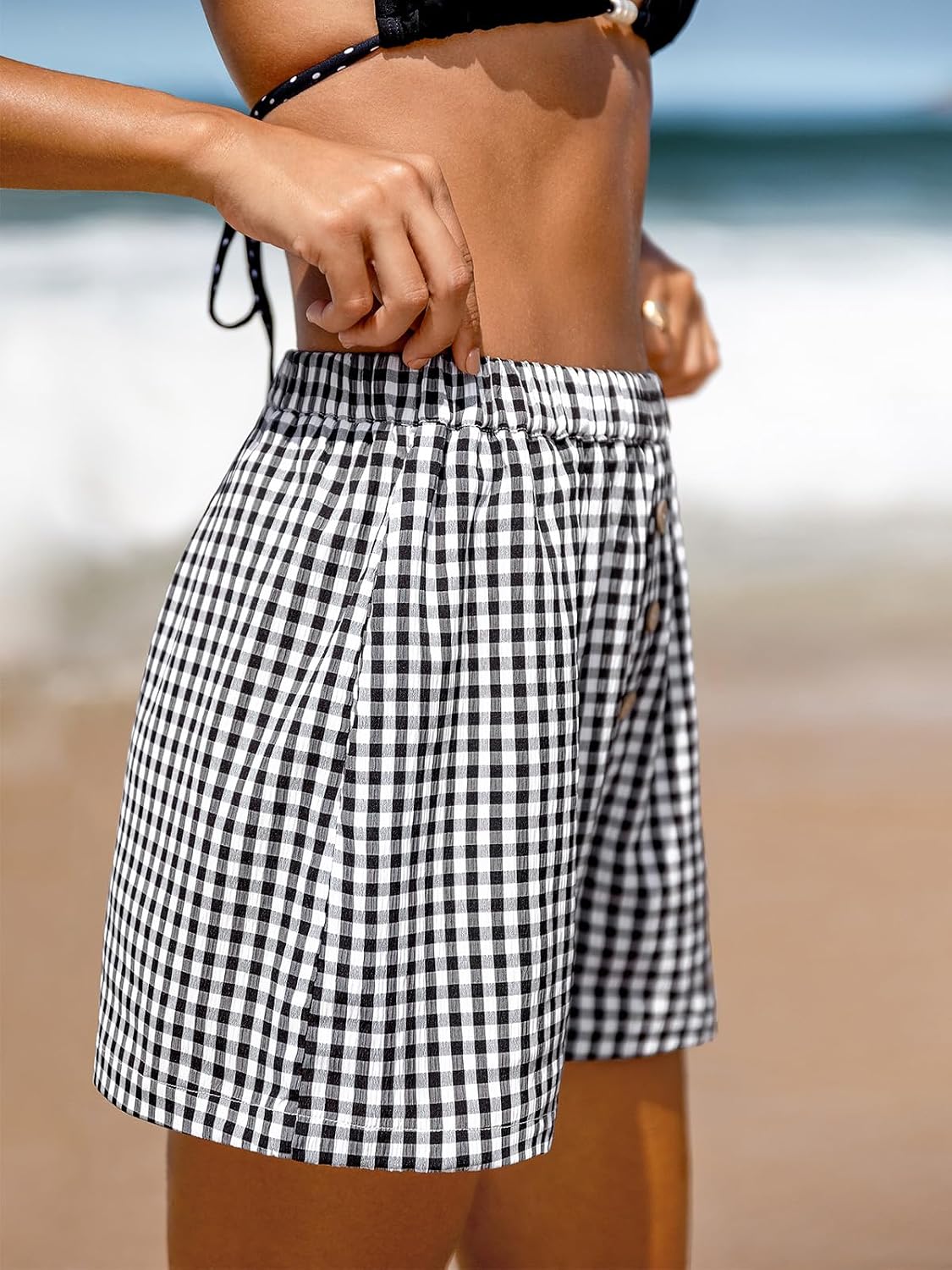 CUPSHE Women's High Waist Plaid Gingham Shorts Button Front Casual | Classic Check Print, Comfy Stretchy Band, Flowy Wide Leg Fit, Cute Beach Vacation, Summer Picnic Outfit, Daily Wear