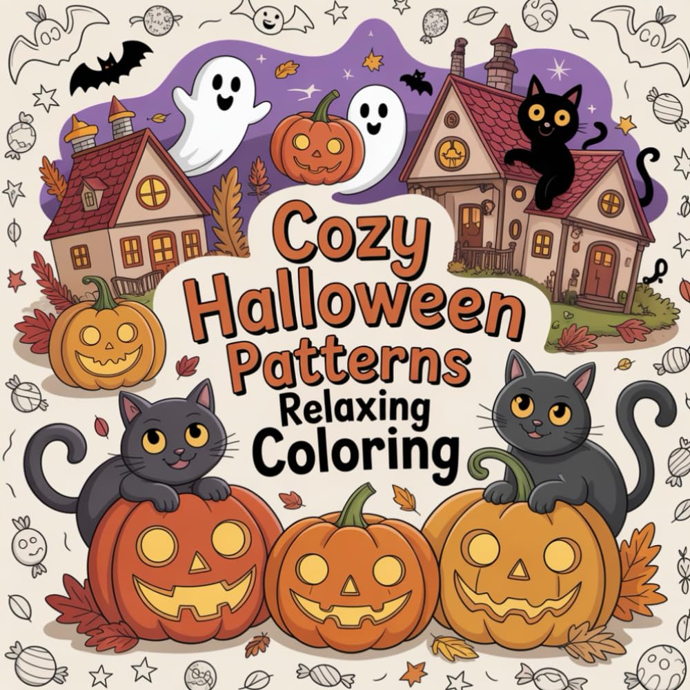 Cozy Halloween Patterns Relaxing Coloring: Unwind with spooky yet adorable Halloween designs made for calm and creativity.