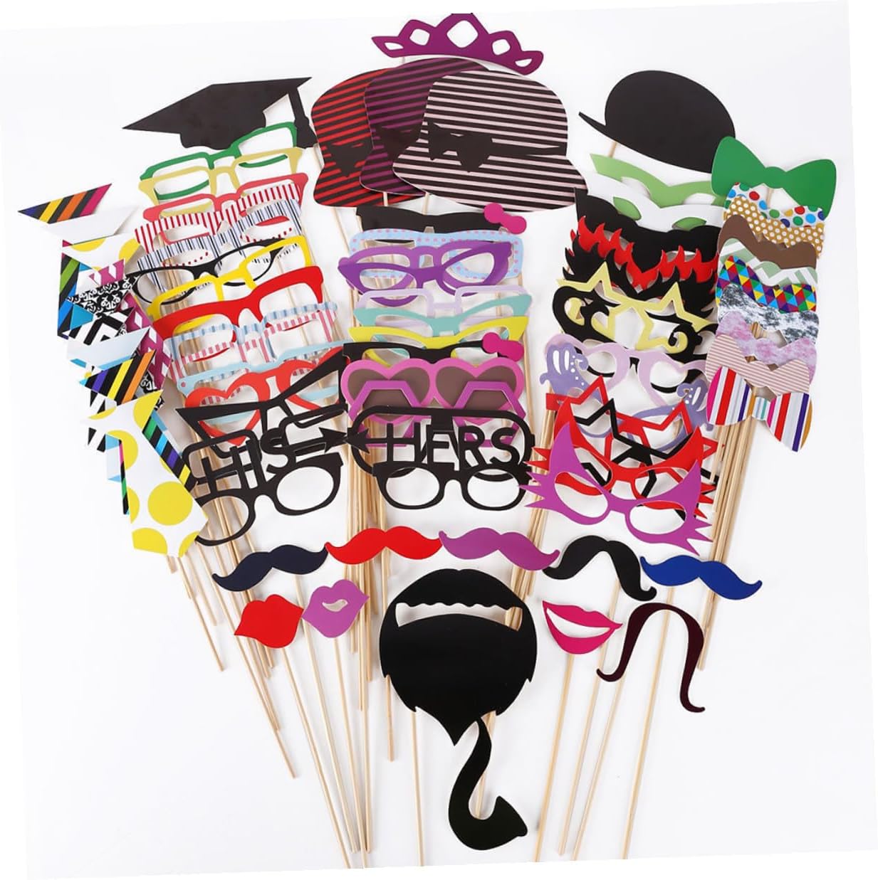 BESPORTBLE Creative 62pcs Birthday Photo Props Kit with Mustache and Lips on Sticks, Beard and Glasses Photo Booth Accessories Set for Party Decorations and Selfie Posing