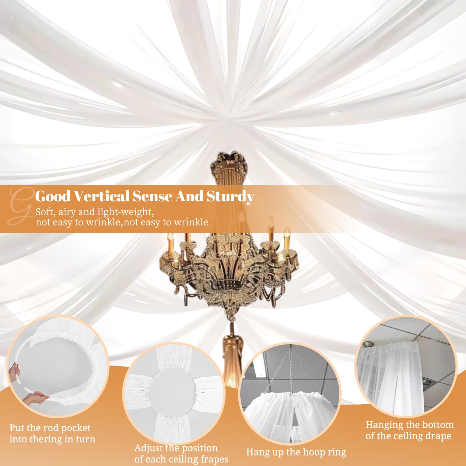 Lot de 8 rideaux de plafond blancs en mousseline de soie transparente pour mariage, fête, cérémonie, scène - 1,5 x 6,1 m