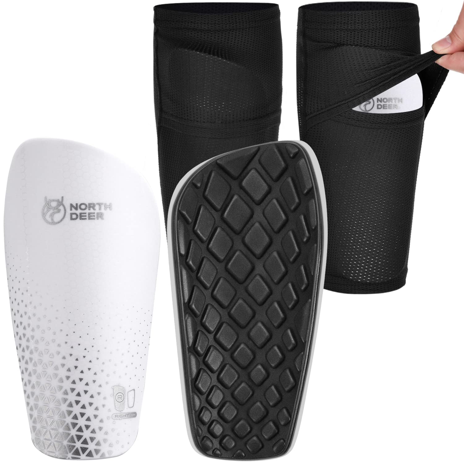 Northdeer Espinilleras de fútbol para Hombre, Incluye Medias con Bolsillo optimizado, Color Gris XL