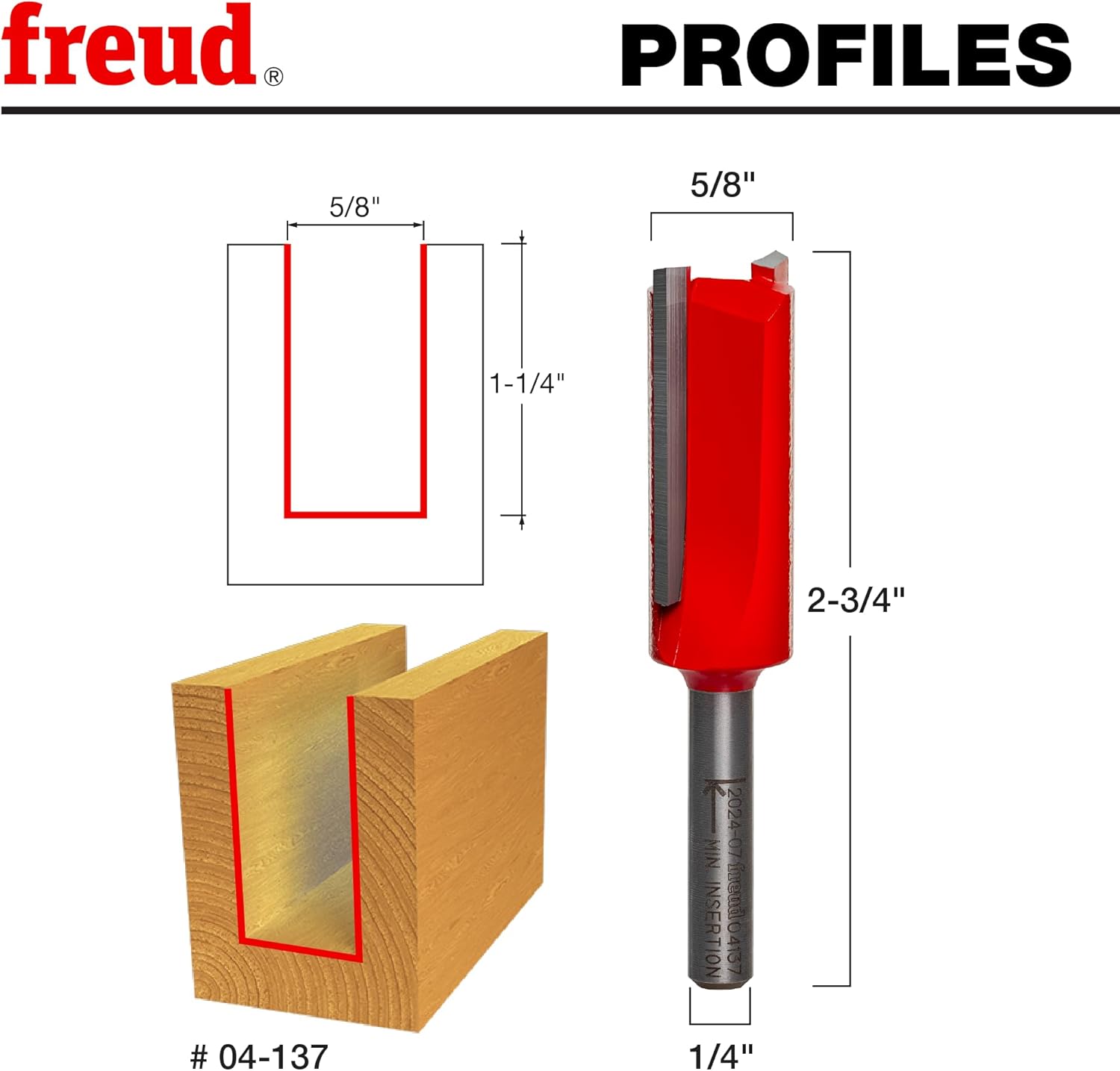 Freud 04-137: 5/8" (dia.) Double Flute Straight Bit with 1/4" shank, 2-3/4" overall length