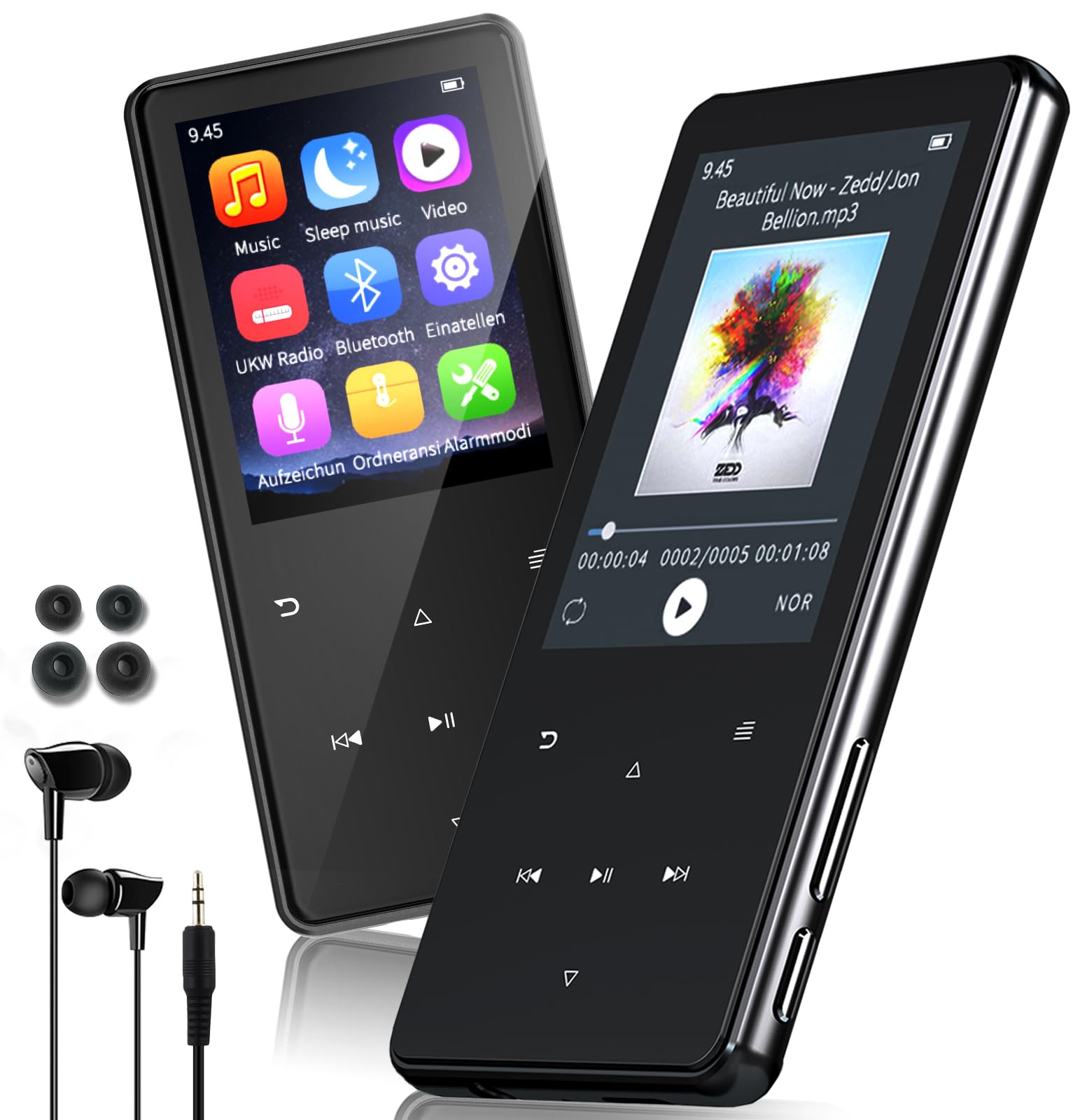 MP3 Player mit Bluetooth 5.3, 64GB und 2,4" Display – Mit Touch-Tasten, Lautsprecher, Metallgehäuse, HiFi-Klang, 18 Schlafgeräuschen, FM-Radio, E-Book-Reader – Unterstützung bis zu 128 GB.