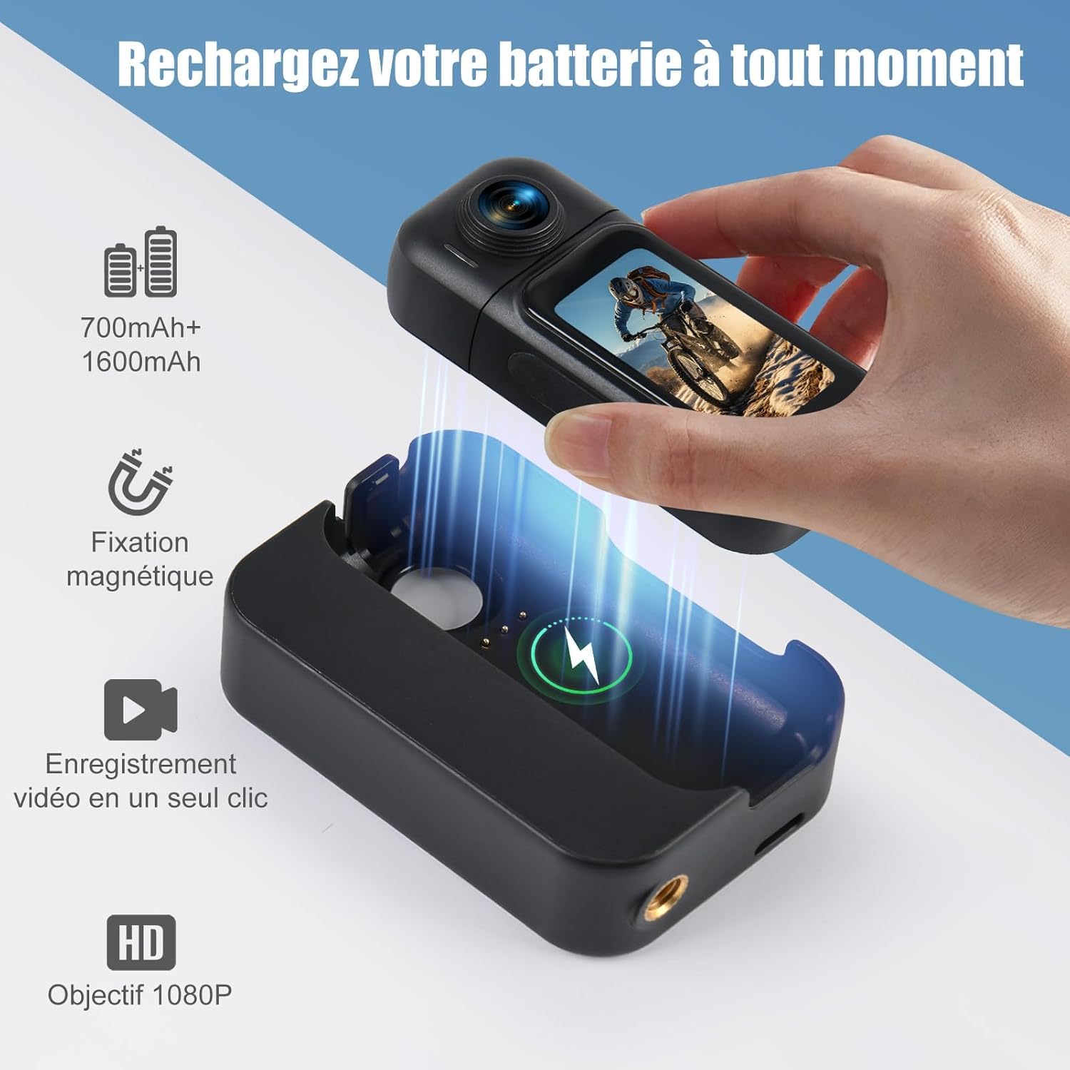 Aktionskamera Caméra Sport 360° Action Camera, Objectif Rotatif 180°, Écran Tactile, Grand Angle 120°, Batterie 8H, Étanche 30M, Wi-FI, POV Mains Libres – Idéale Vélo 10+ Accessoires (64GB)