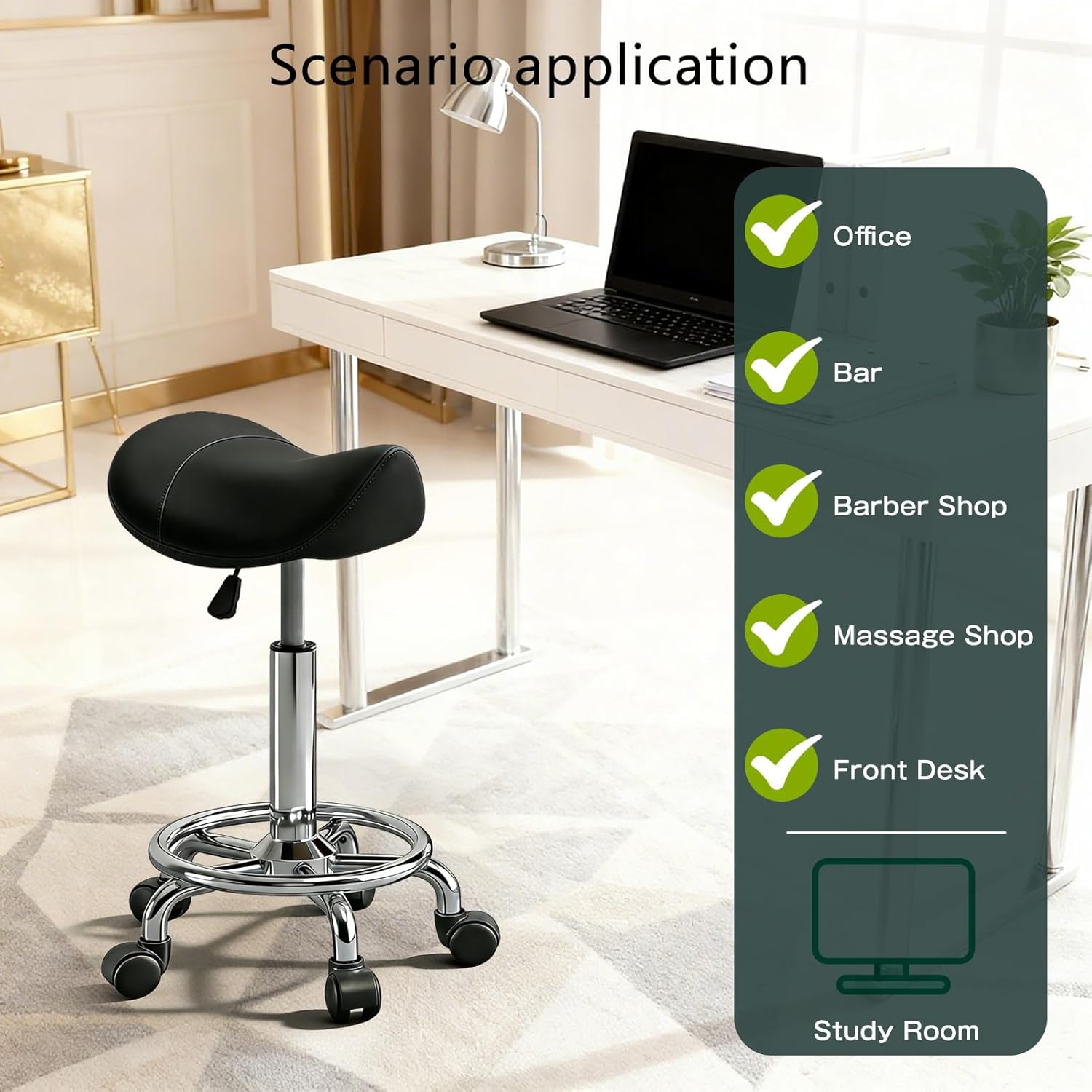 Saddle Stool with Wheels, Adjustable Rolling Stool Chair with Back Support, Ergonomic PU Leather Saddle Chair for Salon, Massage, Tattoo, Medical, Spa, Office (Black, 1PCS)