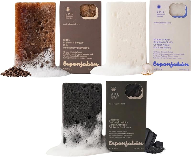 T.TAIO Esponjas de banho com sabonete de madrepérola, carvão e café, fragrância fresca — Pacote com 3