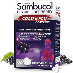 Sambucol Cold and Flu Relief Tablets - Homeopathic Black Elderberry, Zinc, Drowsy-Free, 30 Count