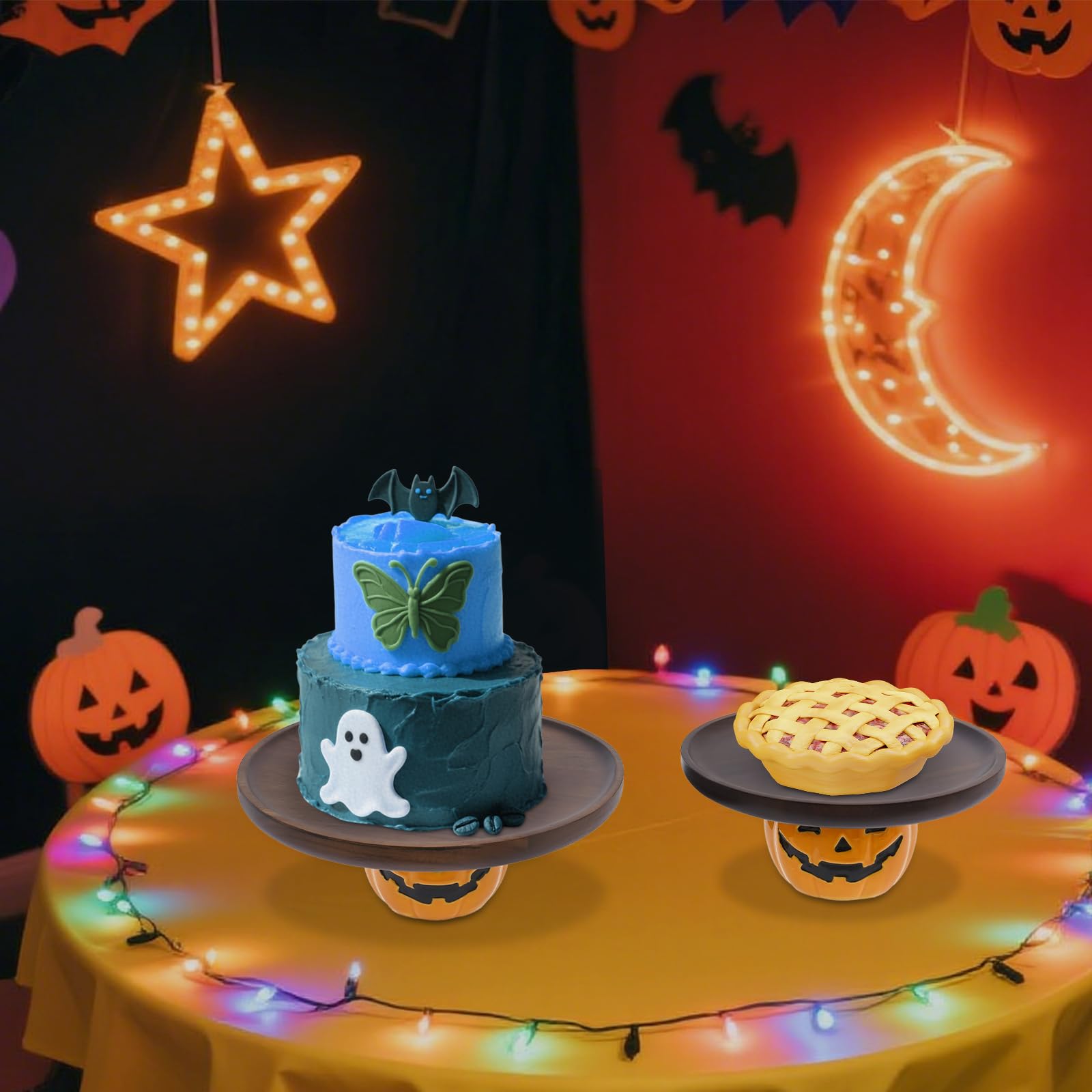 Zestaw miseczek na ciasto na Halloween, 2-częściowy, wzór dyni, drewno akacjowe z powłoką woskową, na babeczki i desery (20,46 cm i 35 cm, 1,9 kg)