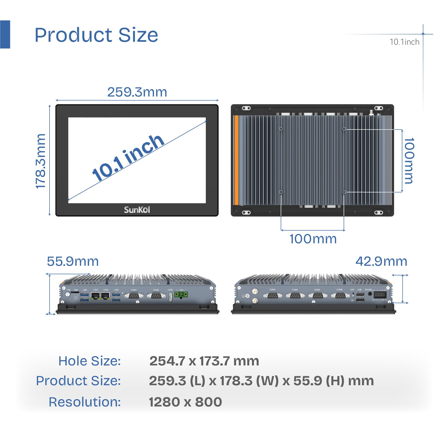 10.1 inch Narrow Bezel Industrial Panel PC, Fanless Embedded Touchscreen, I5-1235U, IP65 Front, VESA Mount for Warehouse, Logistics, Automation (No RAM&Storage&System)
