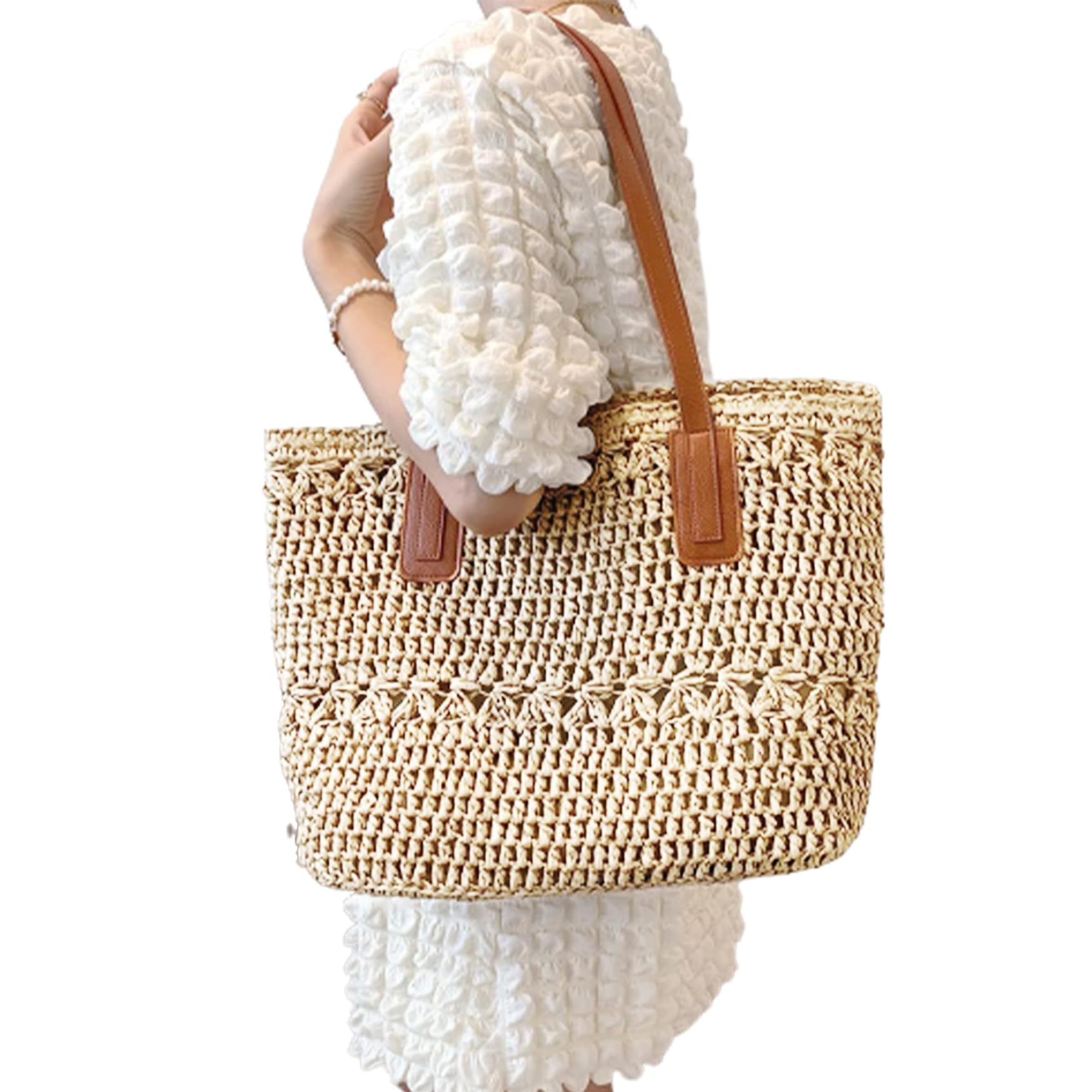 Awnsimfreien Unisex Beige Straw Beach Bag, Straw Beach Bag For Women Summer Vacation Large Capacity Tote Woven Shoulder For Vacation Essentials Tote
