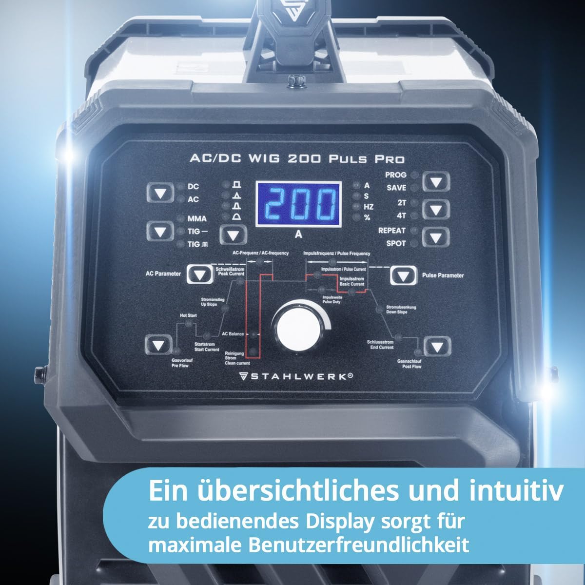 Detailed view of the STAHLWERK AC/DC WIG 200 Puls Pro control panel.