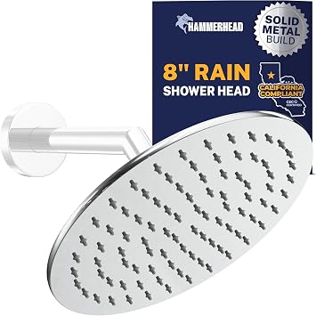 HammerHead Showers Solid Metal 8 Inch Rainfall Shower Head CHROME - Shower Head Rainfall - 1.75 GPM High Flow Shower Head Optimized for Pressure Large Round Rain Shower Heads