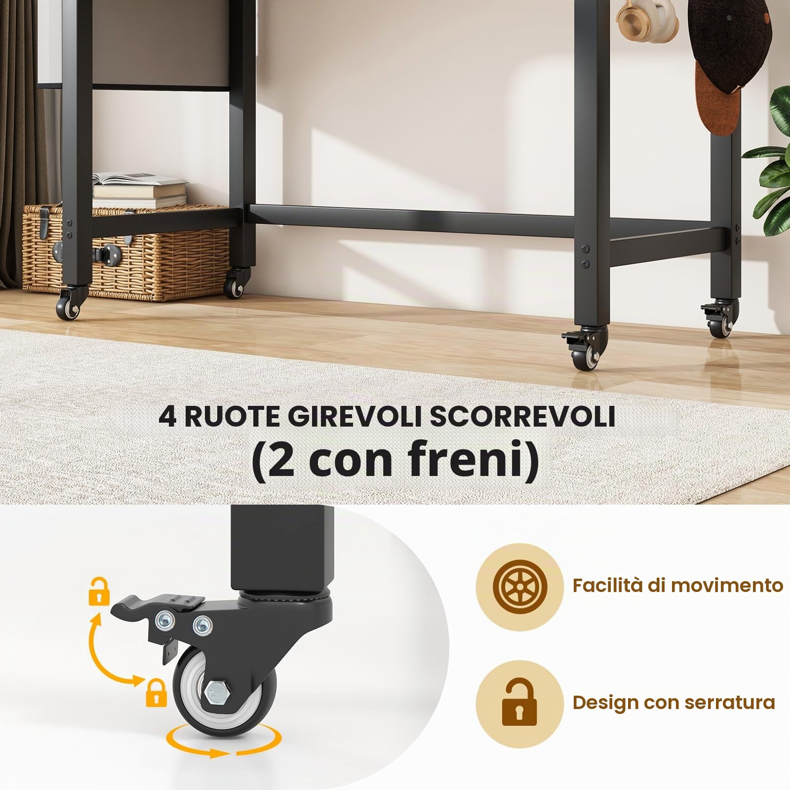 GIANTEX Scrivania per computer con 4 ruote universali, tasca laterale e 2 ganci, 120 x 60 x 75 cm, tavolo PC per casa e ufficio, carico massimo: 100 kg (nero)