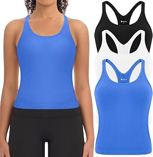 3 Pack Ribbed Workout Crop Tank Tops with Built in Bra for Women