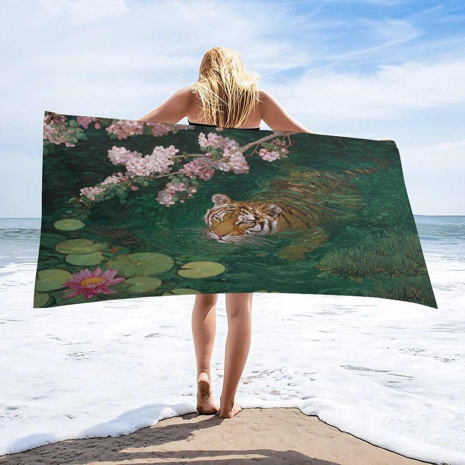Luyysky Classic Realistic Animal Tiger Absorbent Beach Towel, Retro Oil Painting Japanese Cherry Blossom Lotus Floral Outdoor Single-Sided Velvet Beach Towel-80 W Cm X 160" L Cm