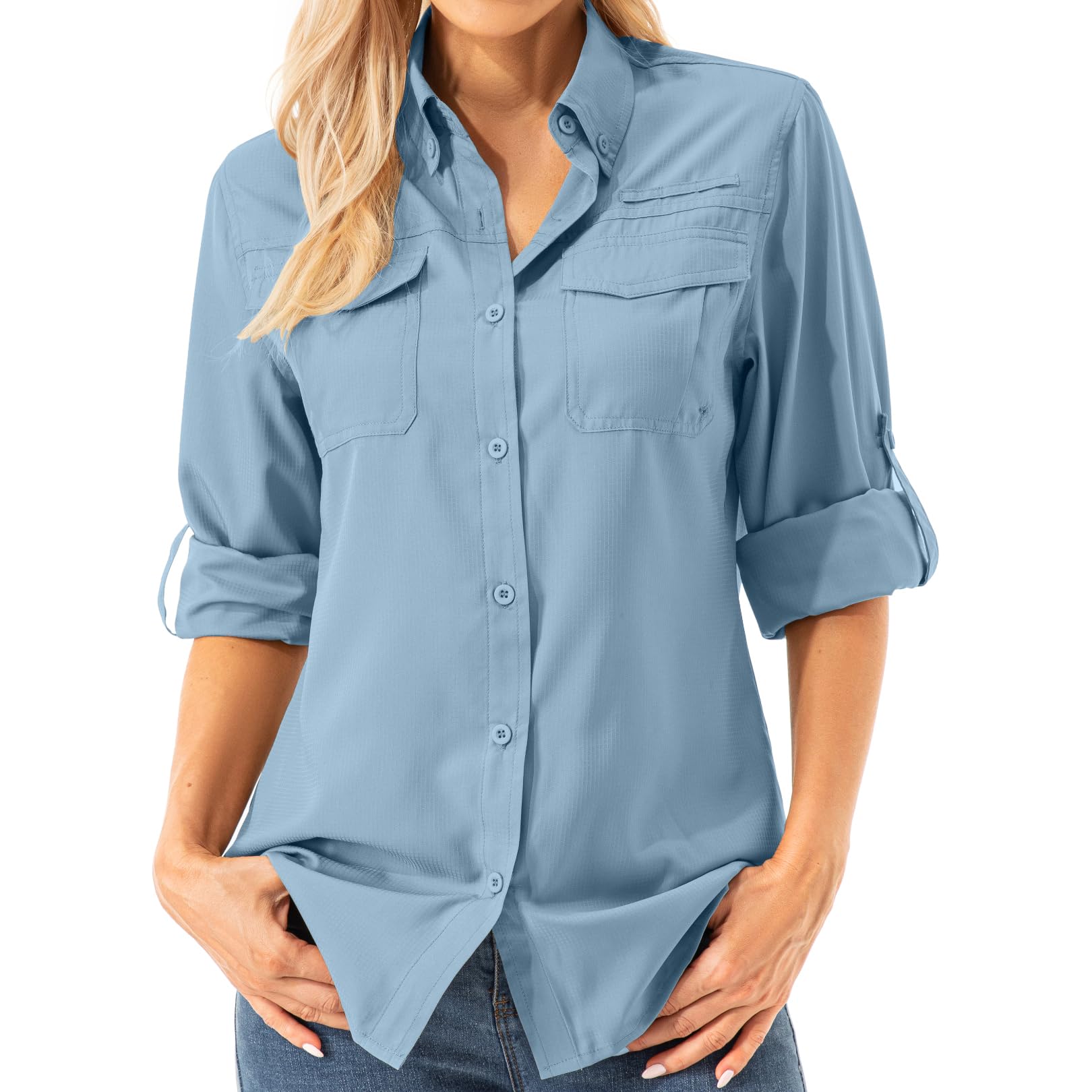 Asfixiado Damen Hemdbluse UV Shirt UPF 50+ Safari Kleidung Wanderbluse Damen Outdoor Cooling Quick Dry Sonnenschutz Langarm Luftiges Hemd