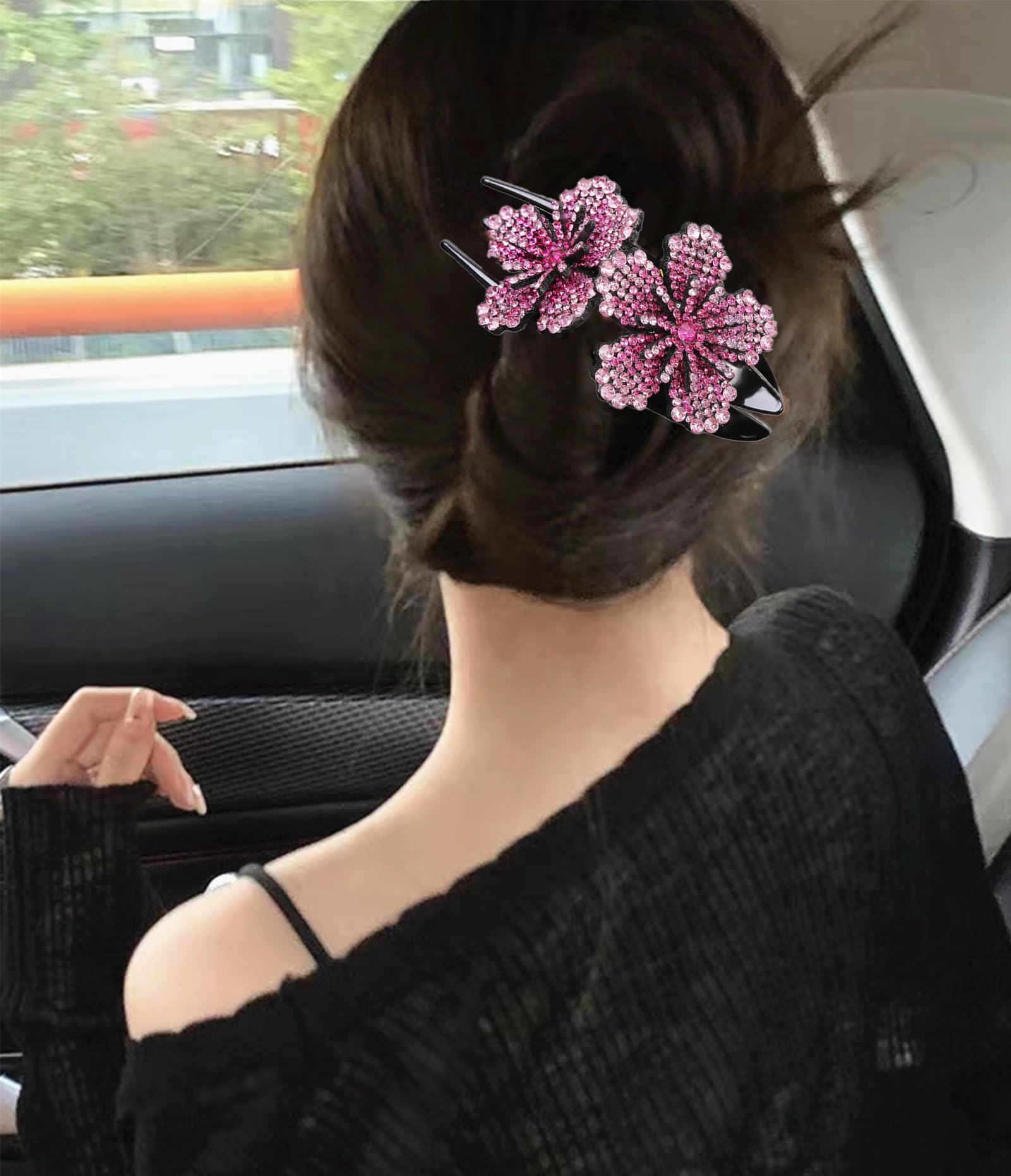 Lot de 5 pinces à cheveux à double fleur avec strass - Accessoires de cheveux pour femme - Barrettes à cheveux en cristal - Décorations pour cheveux