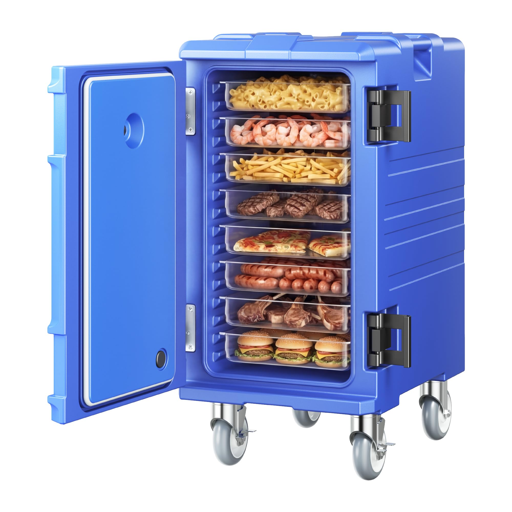 VEVOR Conteneur Isotherme pour Bac Gastronorme 120 L, Boîte de Transport Alimentaire Empilable, Chargement Frontal, Double Boucle, Poignées et Roulettes, Porte-plateaux pour Restauration Cantine, Bleu
