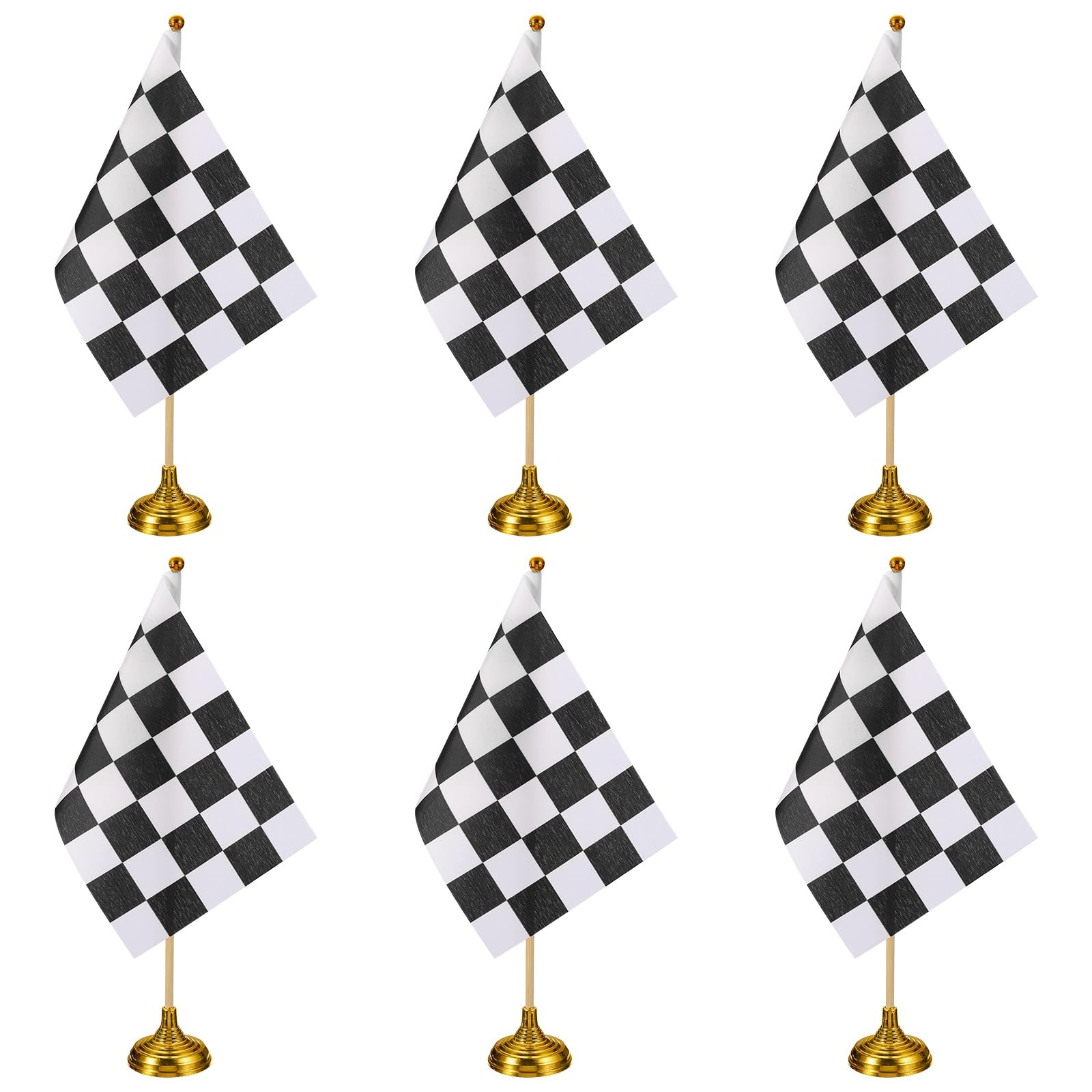 PATIKIL 6Pack Black and White Checkered Table Flag, 12" Small Race Car Racing Office Desk Flag Set with Bamboo Stick and Gold Round Base for Car Soccer Sport Party Decoration