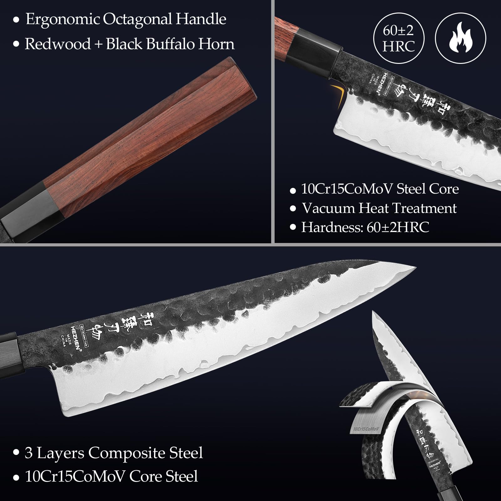 HEZHEN Set di Coltelli da Cucina Ceppi Portacoltelli, Coltello Santoku Stile Giapponese Coltelli da Chef, Forbici da Cucina Blocco Coltelli in Legno di Acacia