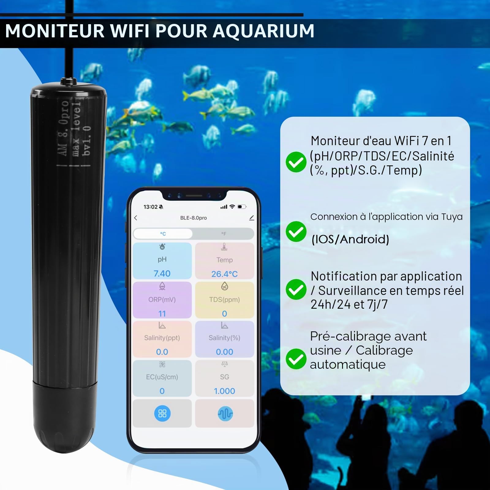 Testeur de qualité de l'eau WiFi 7 en 1 Smart Water Quality Monitor Sonde PH/ORP/TDS/EC/Salinité/SG/Temp pour Aquarium, Hydroponie, Aquaculture, Surveillance des données via App