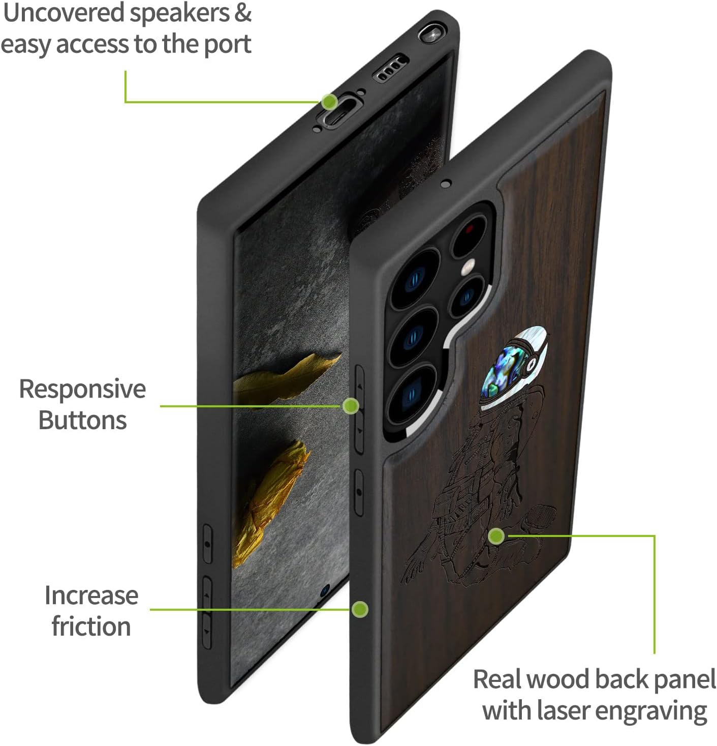 Carveit Designer Wooden Case for Samsung Galaxy S23 Ultra Cover [Wood Engraving & Shell Inlay] Compatible with Wireless Chargers Galaxy S23 Ultra Case (Astronaut-Blackwood)