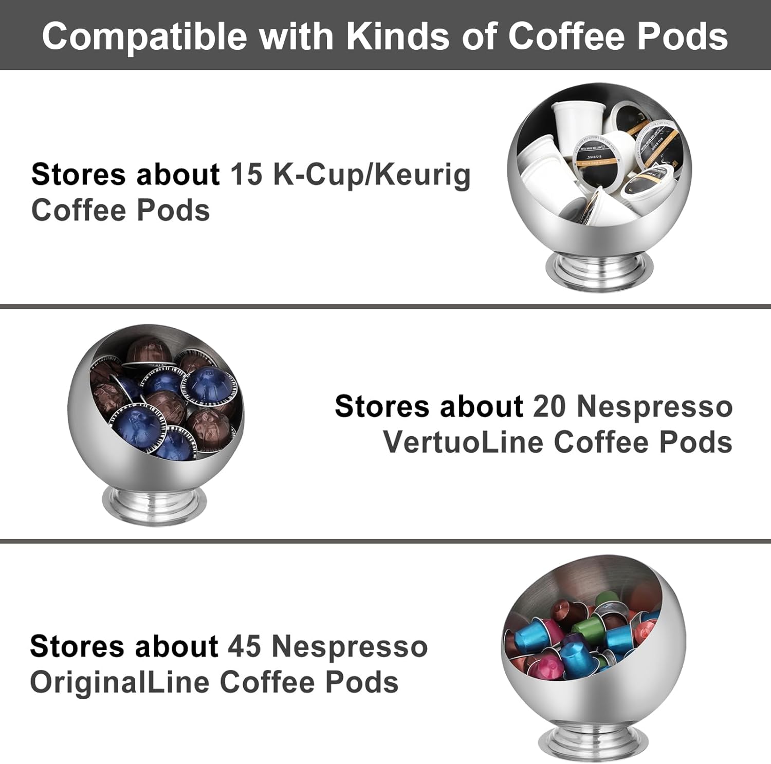ELLDOO Coffee Pod Holder, Silver Metal Coffee Pod Storage for K Cup Nespresso Vertuo Keurig, Creamer Organizer Candy Bowl Fruit Snacks Jar for Countertop Kitchen Breakroom