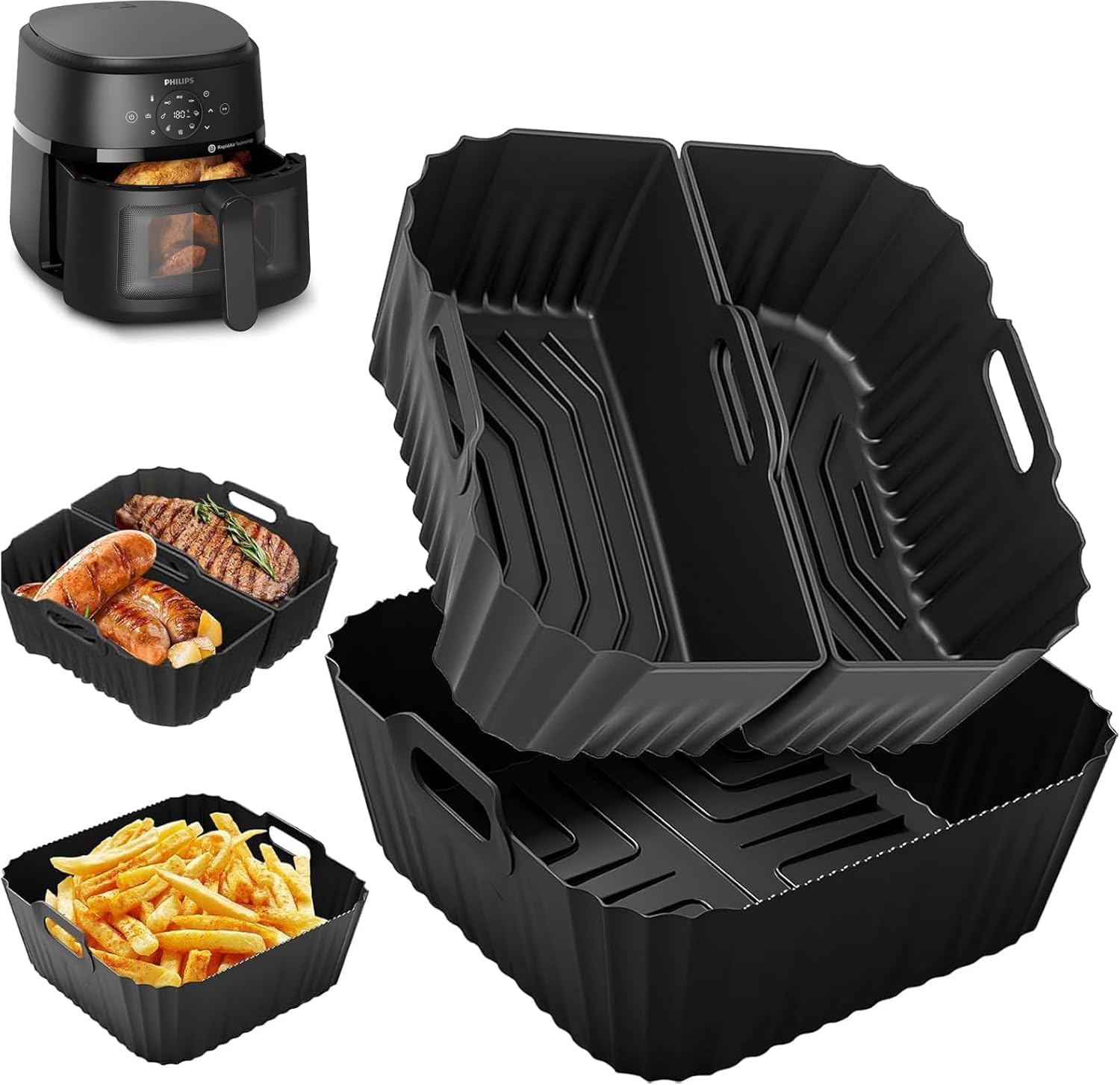 Molde Silicona Freidora de Aire 19-23cm Para Cecotec 5L/5,5L/6L Cosori 4,7L/5,5L/6L/6,4L, Aigostar 6,5L/7L, Reutilizable Cuadrado Airfryer Accessoire para Freidora sin Aceite, Microondas, Horno