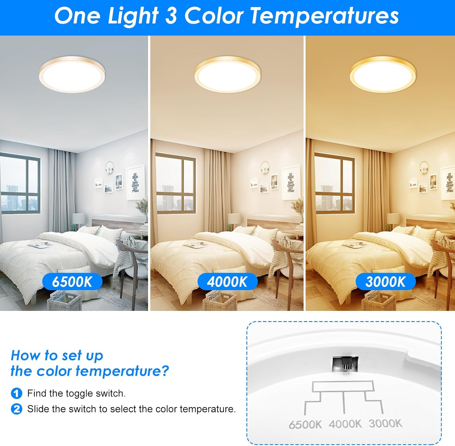 Peasur 12 Inch LED Ceiling Light Gold, 24W Slim Flush Mount Ceiling Light 3000K/4000K/6500K Adjustable, Modern Round Ceiling Lighting for Bedroom, Living Room, Kitchen(2 Pack)