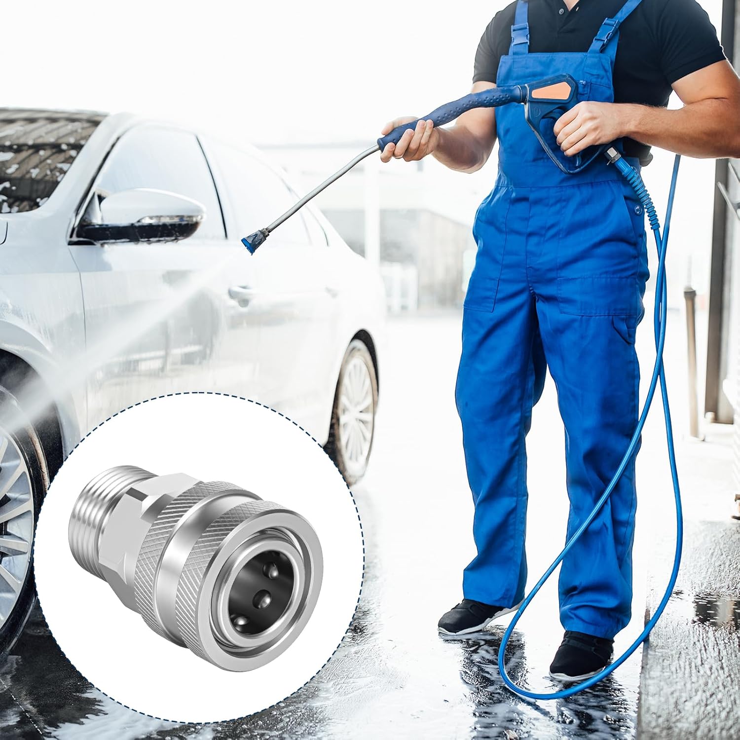 Pressure Washer M22-14mm to 3/8" Quick Connect Socket Adapter, Pressure Washer Hose Adapter, Hose Adapter Quick Connect, 5000 PSI, Stainless Steel, Silver
