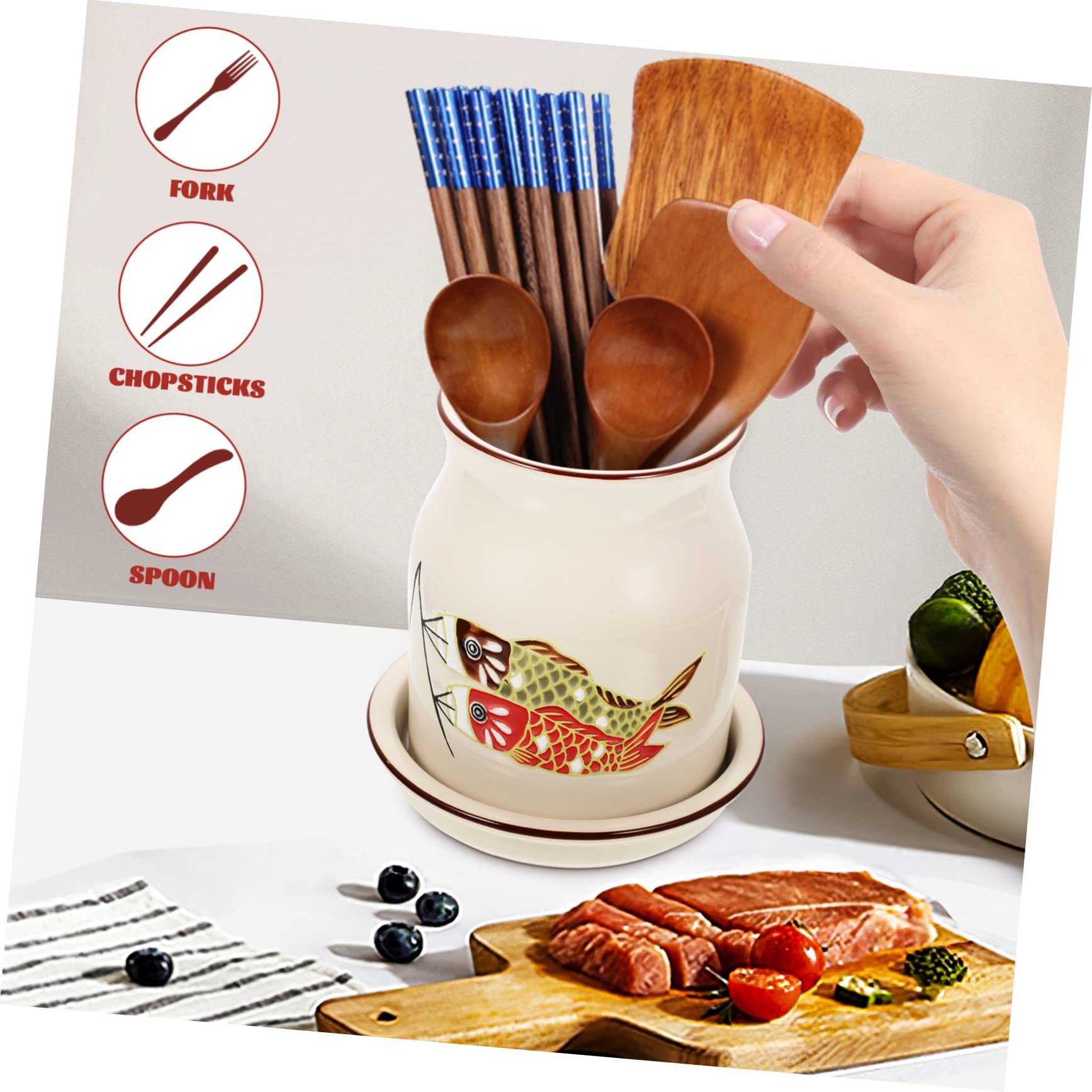 Cabilock Porte-Couverts en Céramique Ustensile en Porcelaine Pot à Ustensiles en Céramique Coutellerie Porte- Titulaire De L'argenterie Ustensiles De Cuisine Usage Quotidien