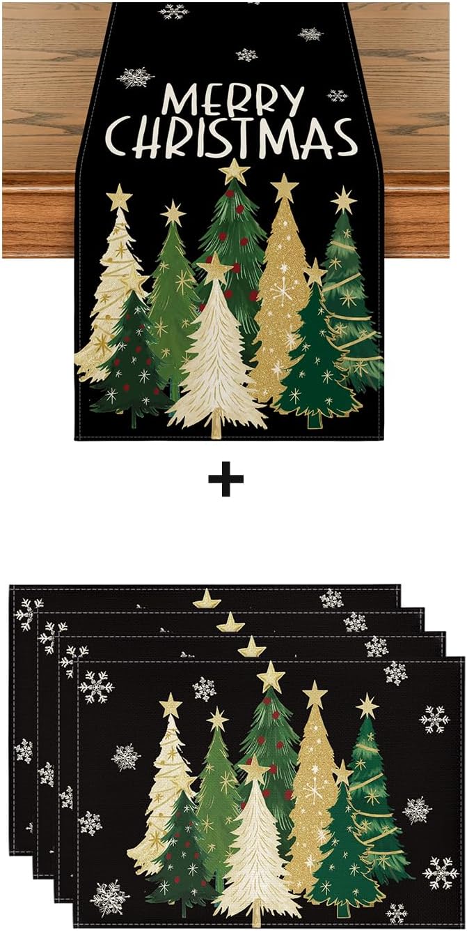 Artoid Mode Black Christmas Tree Place Mats 12x18 Inch Set