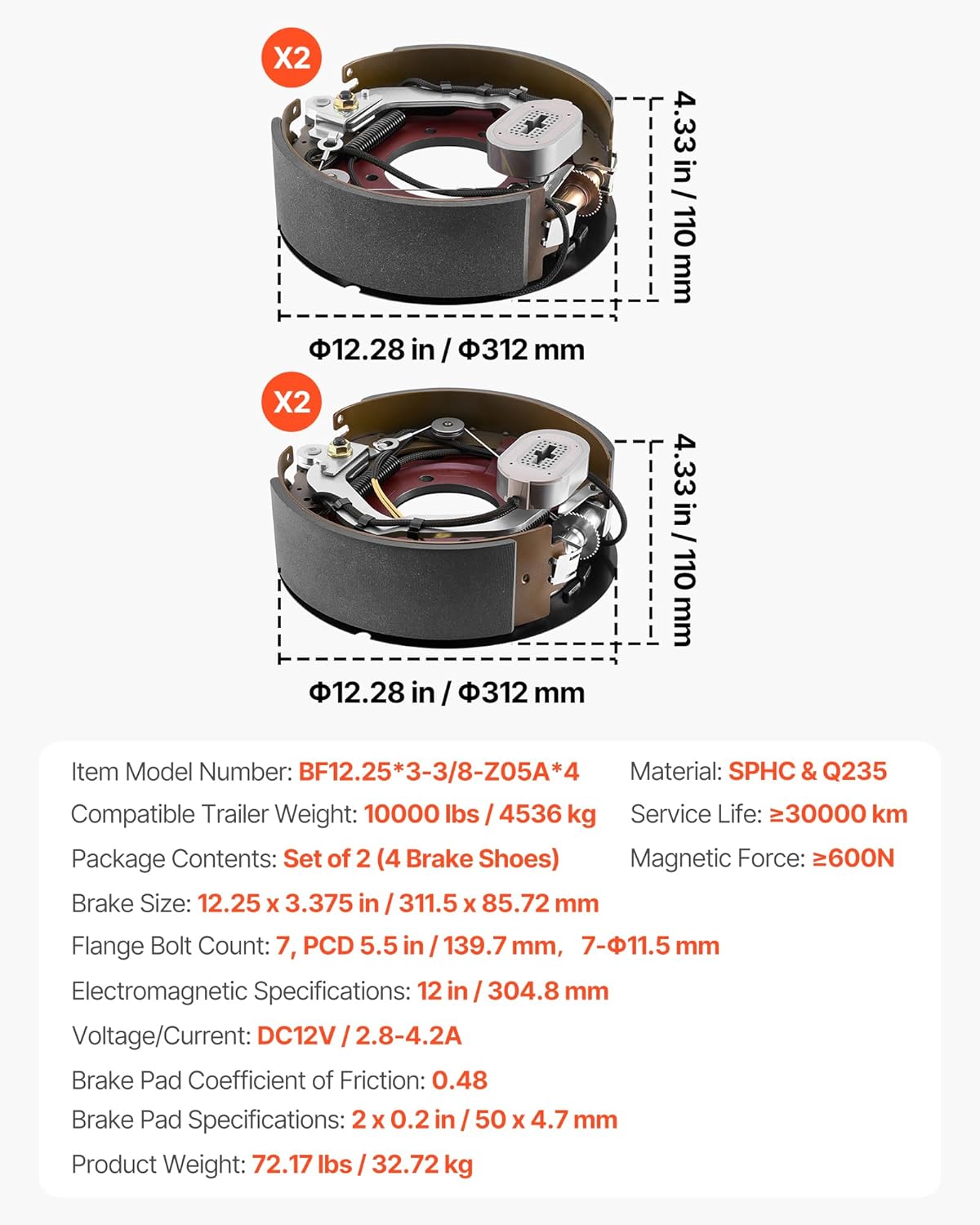 VEVOR Electric Trailer Brake Kit, 12.25 x 3.375 Inch, 2 Pairs Self-Adjusting Electric Brakes Kit for 10000 lbs Trailer Axle, Backing Plates for Braking System Part Replacement, Fit for Trailers, RVs