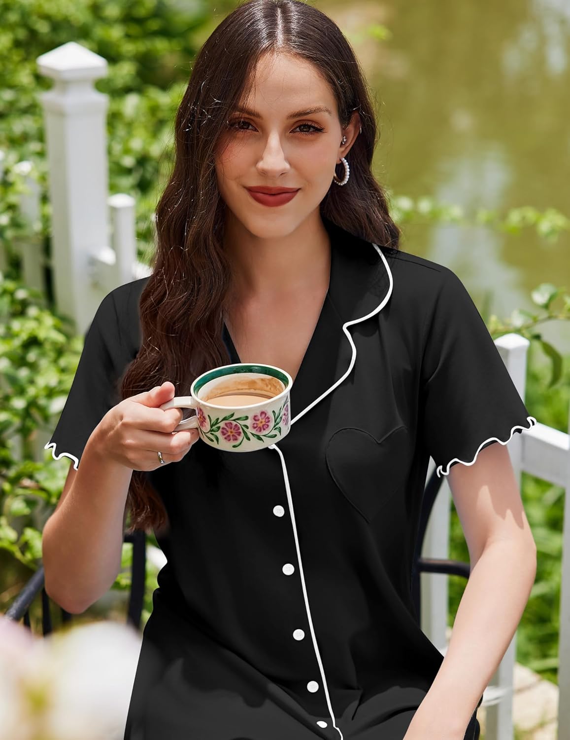 Ekouaer Cotton Nightgowns for Women Button Down Sleep Shirts Short Sleeve Night Gown Boyfriend Sleepwear Soft Night Shirts Black - Image 2