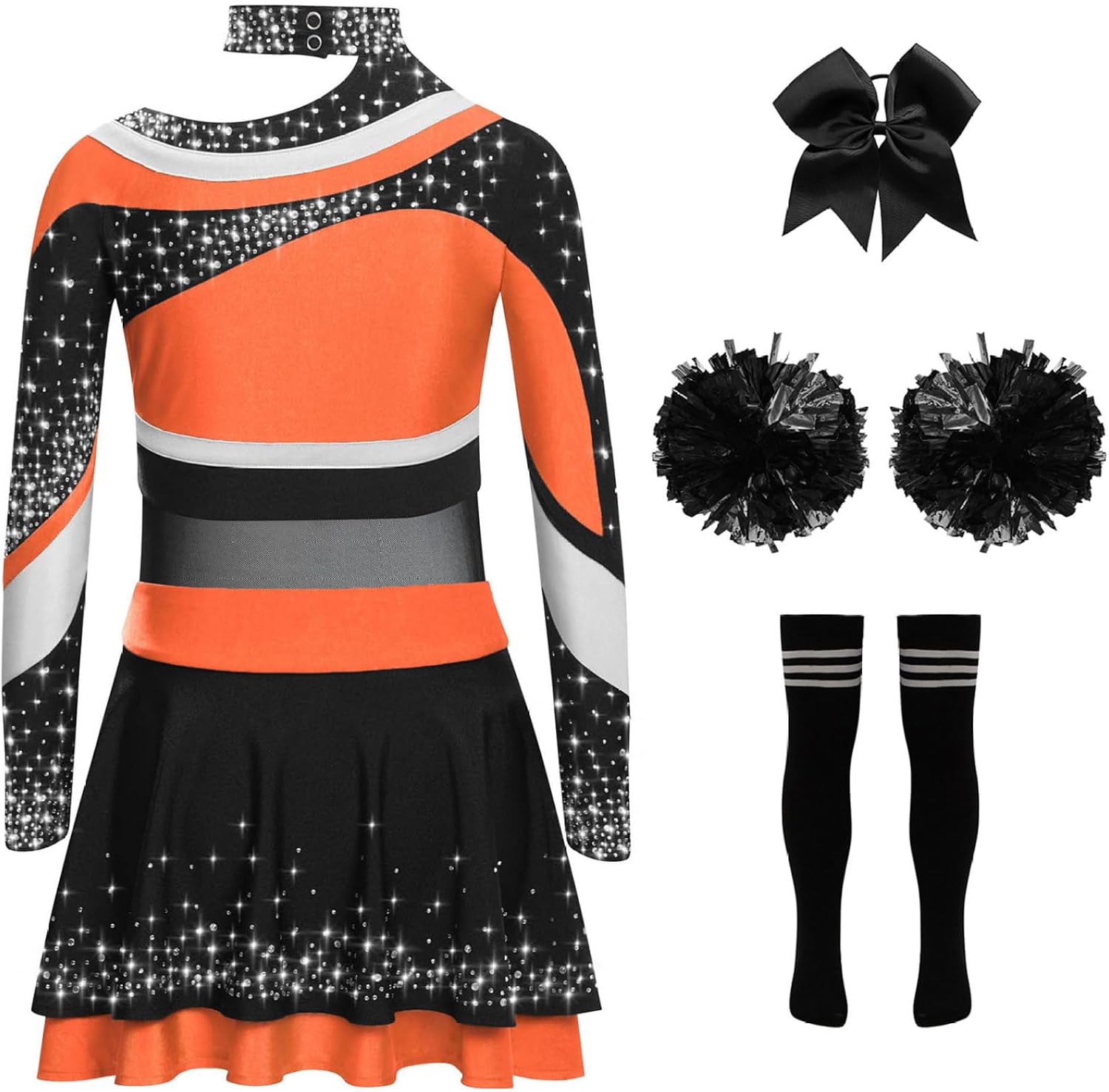Kids Girls Cheer Leader Uniform Dance Top Skirt Set with Pom Poms Cheerleading Outfit Halloween Cheer Up Orange Black 12 Years