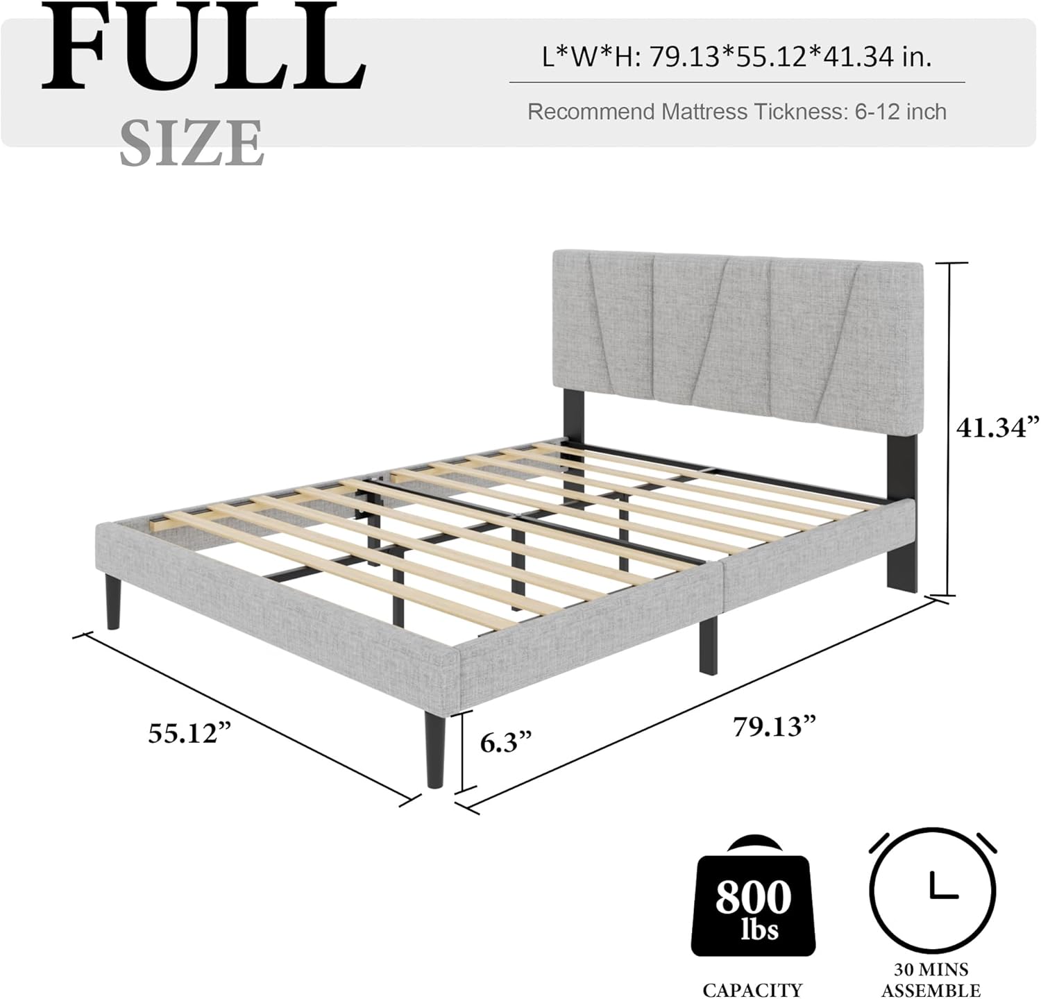 Full Size Bed Frame with Fabric Upholstered Headboard, Platform Bed with Wooden Slats Support, Fully Mattress Foundation, Box Spring Optional, Easy Assembly, Light Grey