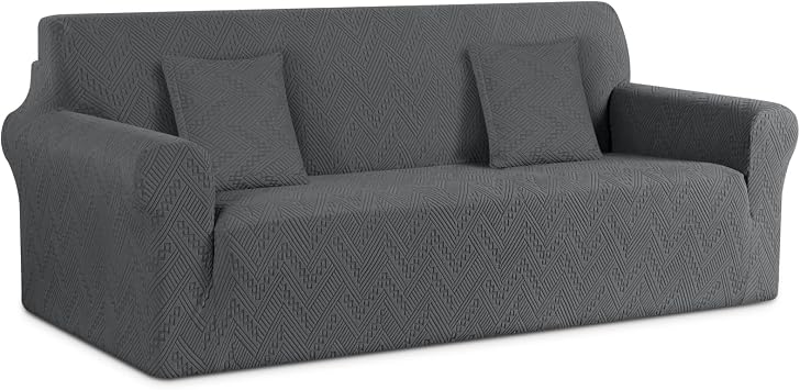 Ruaozz Stretch Sofa Cover 1 Piece Couch Covers for 3 Cushion Couch Non Slip Sofa Slipcover Washable Soft Jacquard Furniture Protector with 2 pcs Throw Pillow Covers 3 Seater, Dark Gray