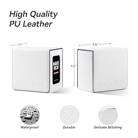 Mage Tech Card Deck Box for MTG Commander - Patented Design, Commander Display, Fits 100 Double-Sleeved Cards, 35pt Card Brick & Dice Tray - White/Blue