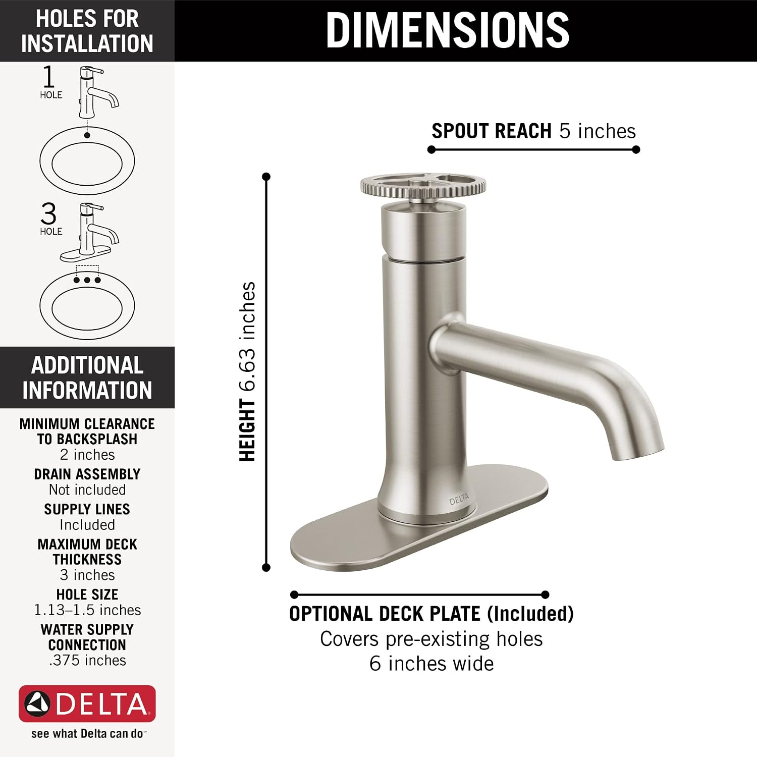 Delta Faucet Trinsic Single Hole Bathroom Faucet Brushed Nickel, Single Handle Bathroom Faucet, Bathroom Sink Faucet, Diamond Seal Technology, Drain Assembly, Stainless 558-SSLPU-DST