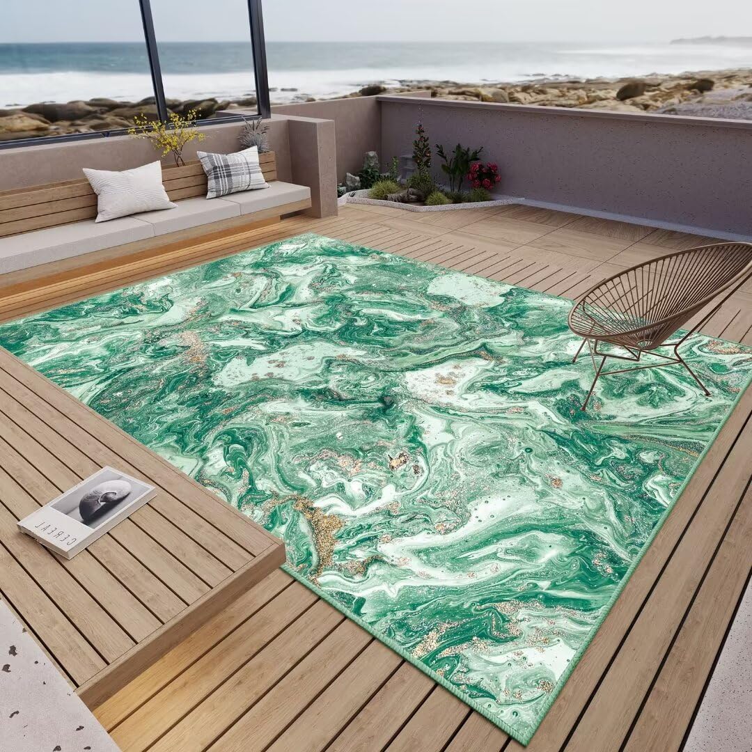 GEMBED Washable Area Rug 5x7 - Artistic Style Modern Rug for Living Room Bedroom Dining Room, Soft Low Pile Machine Washable Carpet, Non Slip Non Shedding Area Rug - Green/Gold, 5'x7'