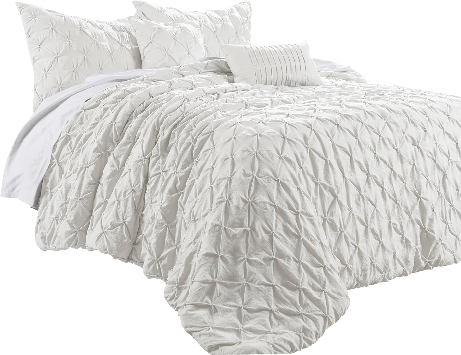Lush Decor Ravello Pintuck Comforter Set - Luxe 5 Piece Textured Bedding Set - Traditional Glam & Farmhouse Inspired Bedroom Decor - Full/ Queen, White