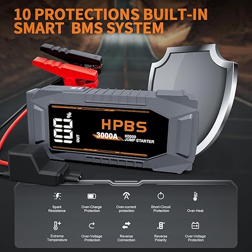 Miniatura 4 de Arrancador de vehículos de 3000 A, para todos los motores de gasolina de hasta 10L y diésel de 8L, batería portátil de 12V con pantalla LCD de 3.0