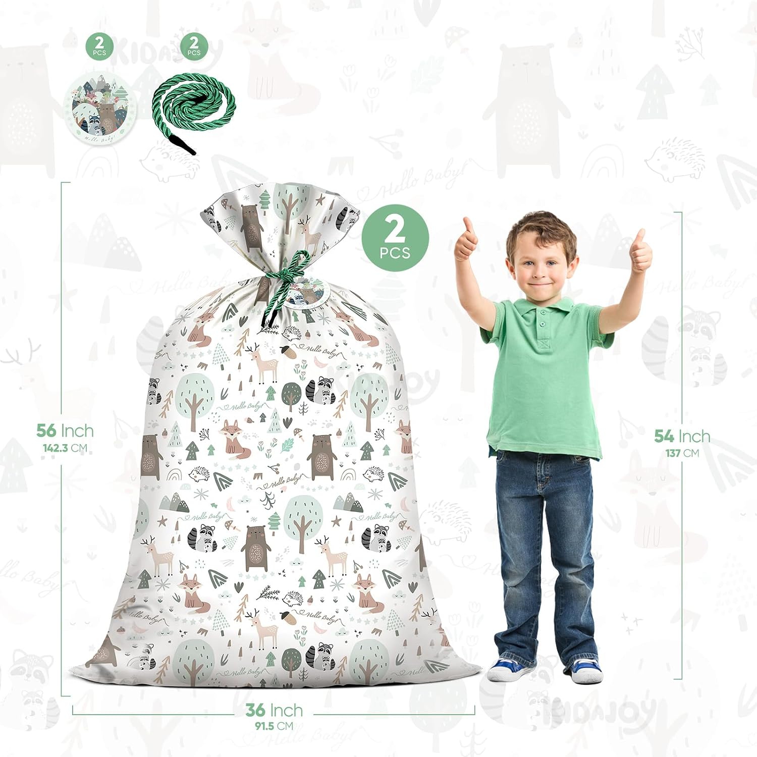 2Pcs Extra Large Woodland Animal Baby Shower Plastic Gift Bags 56*36 Inch Jumbo Forest Animal Present Gift Bag Baby Girls Boys Newborn Parties Favors Decorations Hello Baby Whimsical Hand Drawn Style image 2