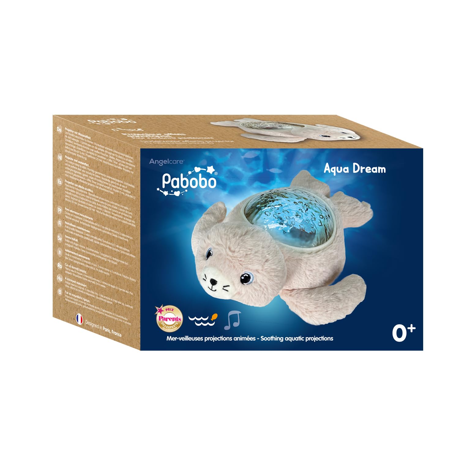 Pabobo - Nachtlicht Robbenprojektor Aqua Dream | Animierte Unterwasserprojektionen | beruhigende Geräusche & Wiegenlieder | automatische Abschaltung | waschbares Plüschtier