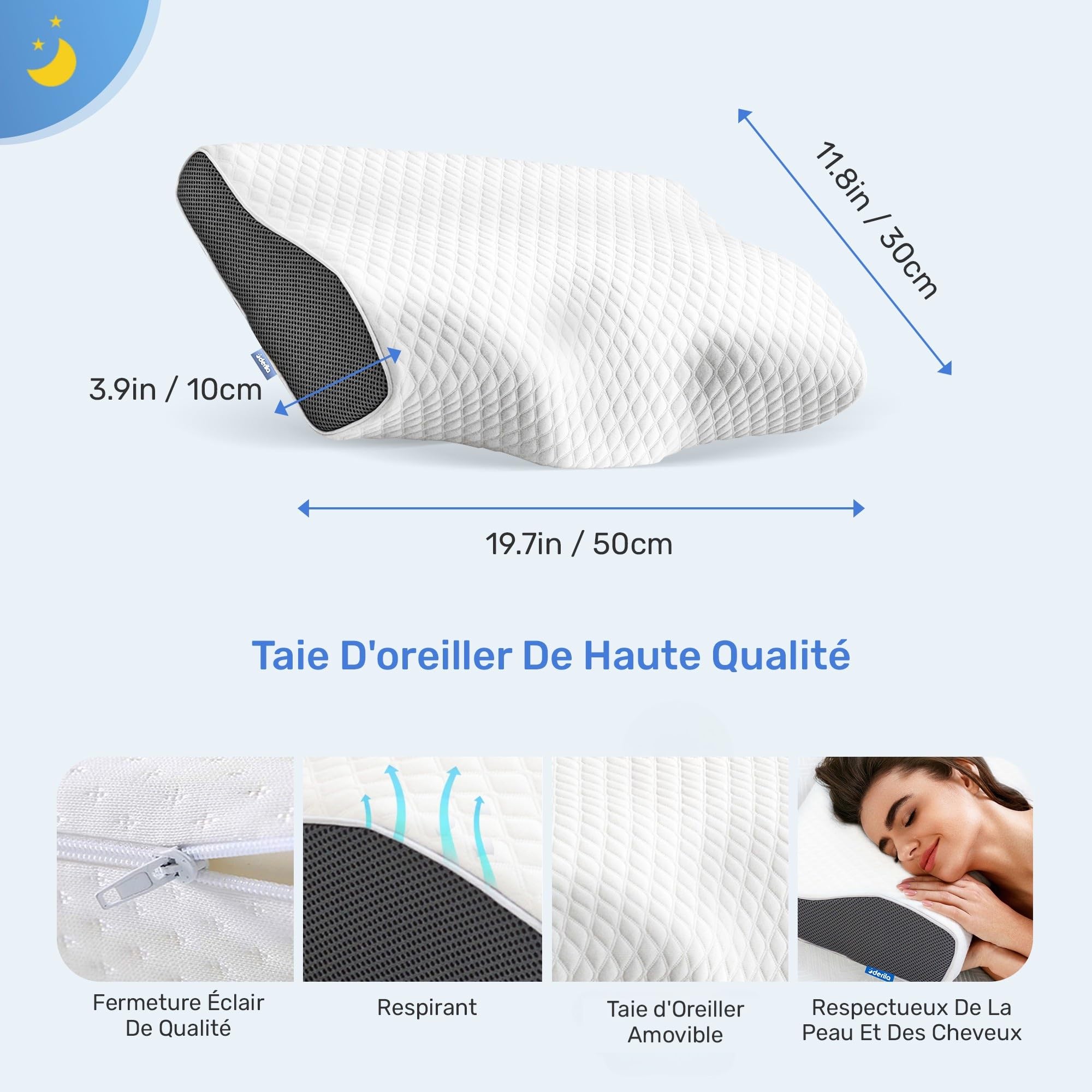 Derila Oreiller Mémoire de Forme Queen Size Cervical Rafraîchissant | Forme papillon, Taille Queen 50x30x6/10 cm, Housse amovible lavable en machine, Se déploie en 24h après déballage