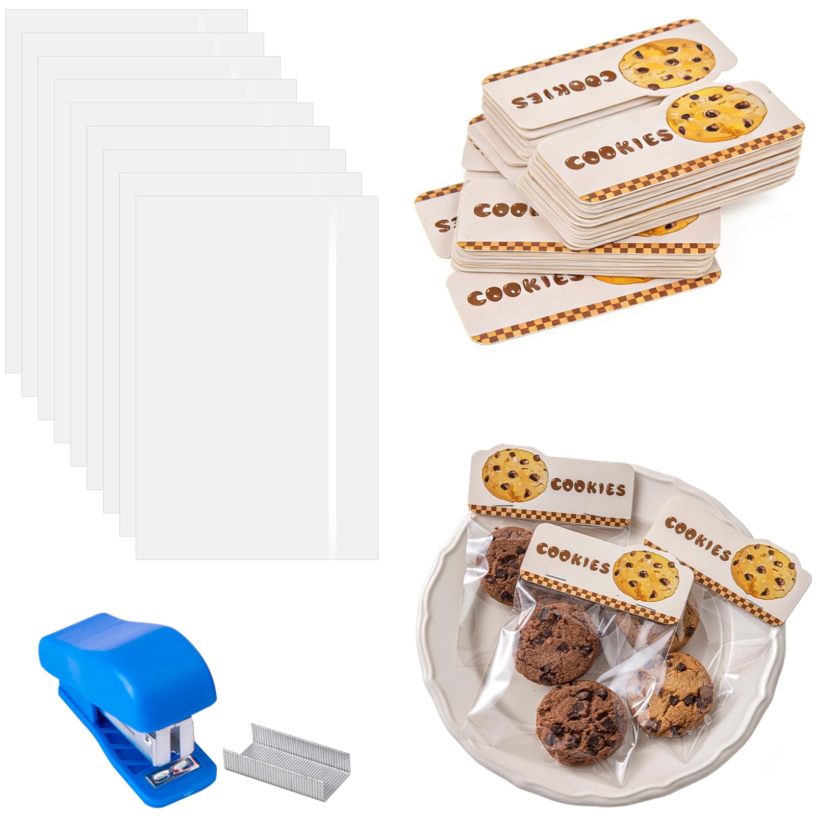 Betterjonny 100 Bags+100 Cookie Headers+Stapler 100 Pcs Clear Cookie Bags With 100 Pcs Cute Topper Cards And Mini Stapler Set, Self Seal Cellophane Treat Bags For Homemade Cookies Biscuits Baking Packaging Party Favours