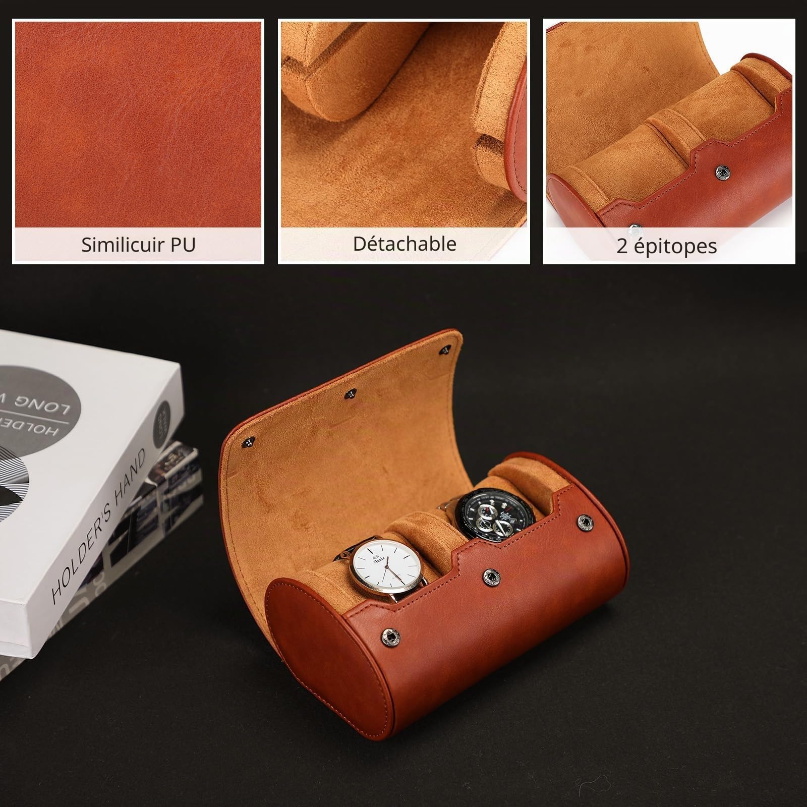 VINBAGGE Boîte à Montres pour Homme 2 Emplacements - Étui de Voyage Rouleau Montre - Organisateur Rangement Cylindrique en Cuir PU - Coffret à Bijoux Vintage Idée Cadeau Noël Anniversaire