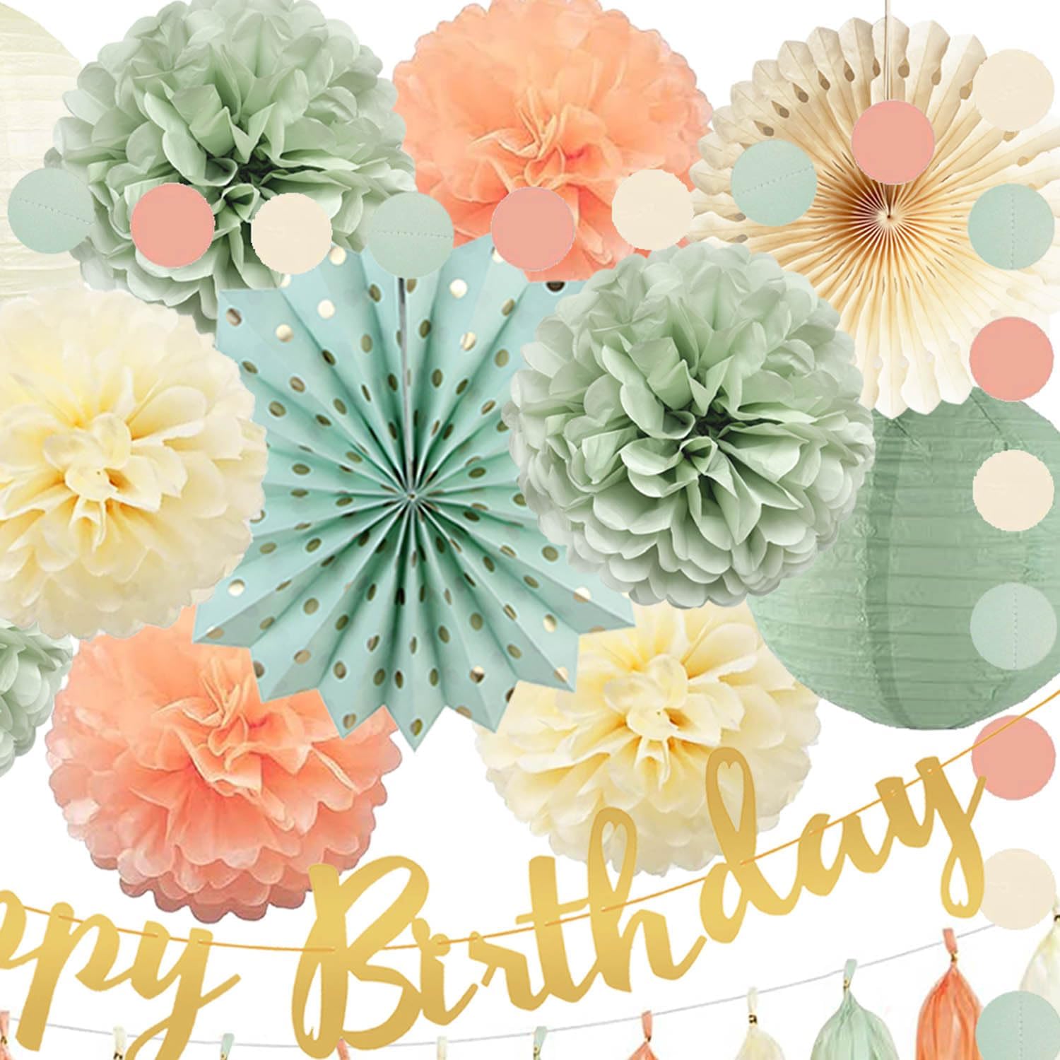 Sage Green Peach Birthday Party Decorations Sage Peach Cream Tissue Pom Poms Paper Lanterns Fans Happy Banner Tassel Garlands for Neutral Birthday Baby Shower Women Girls Birthday Party Decoration